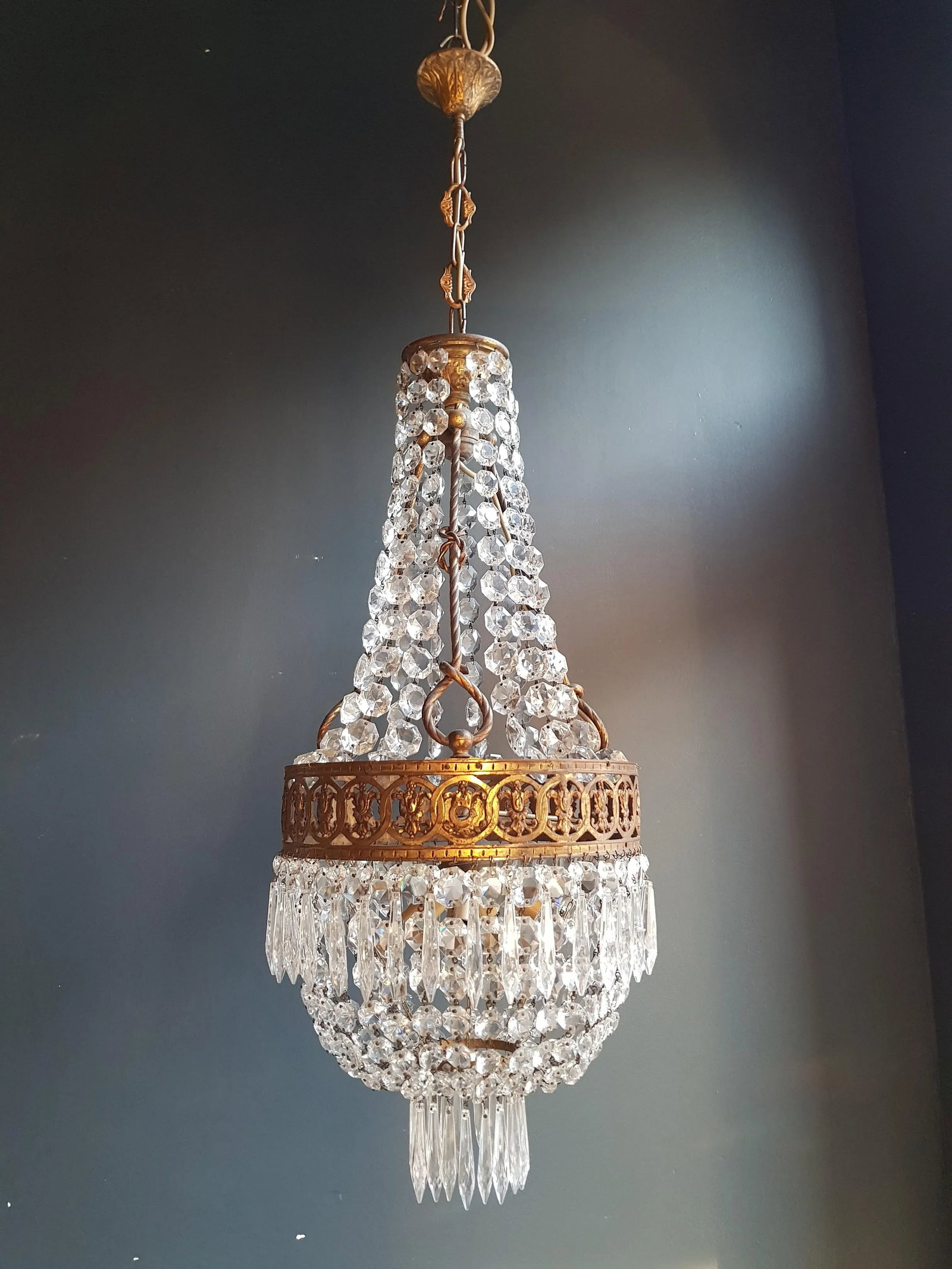 1930s Brass Empire Crystal Lustre Art Nouveau Basket Chandelier - 6