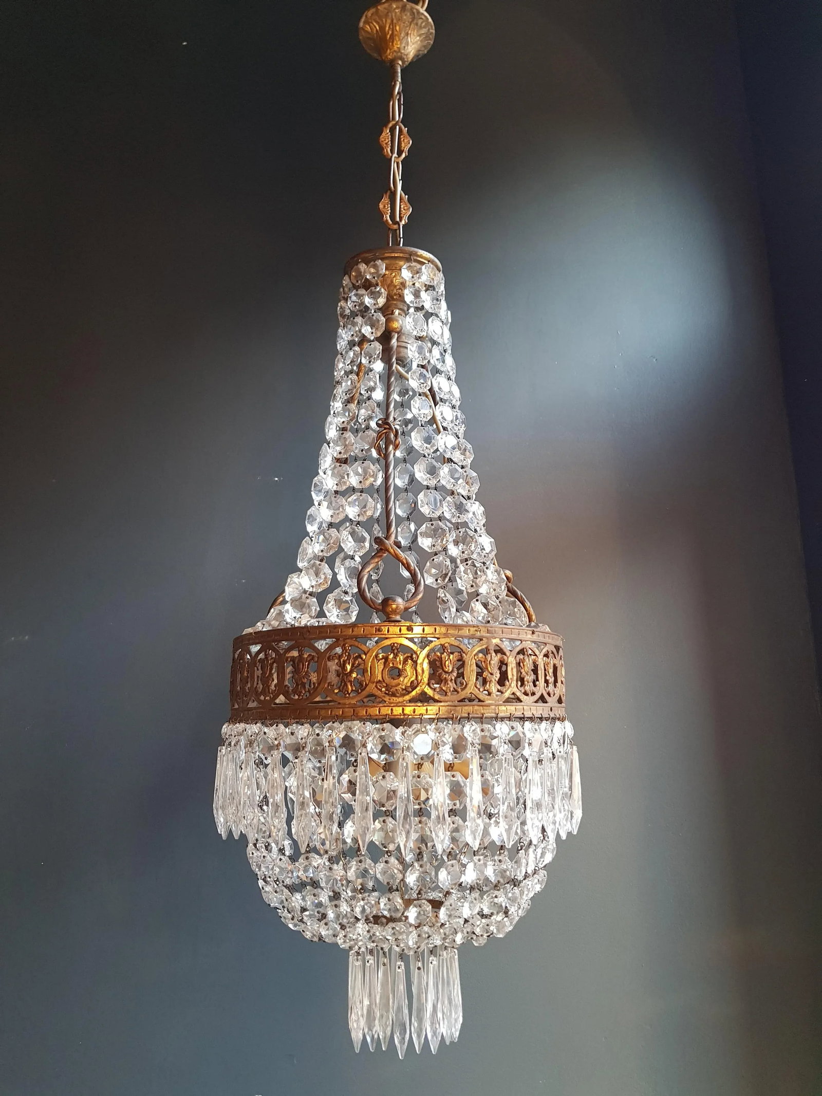 1930s Brass Empire Crystal Lustre Art Nouveau Basket Chandelier - 7