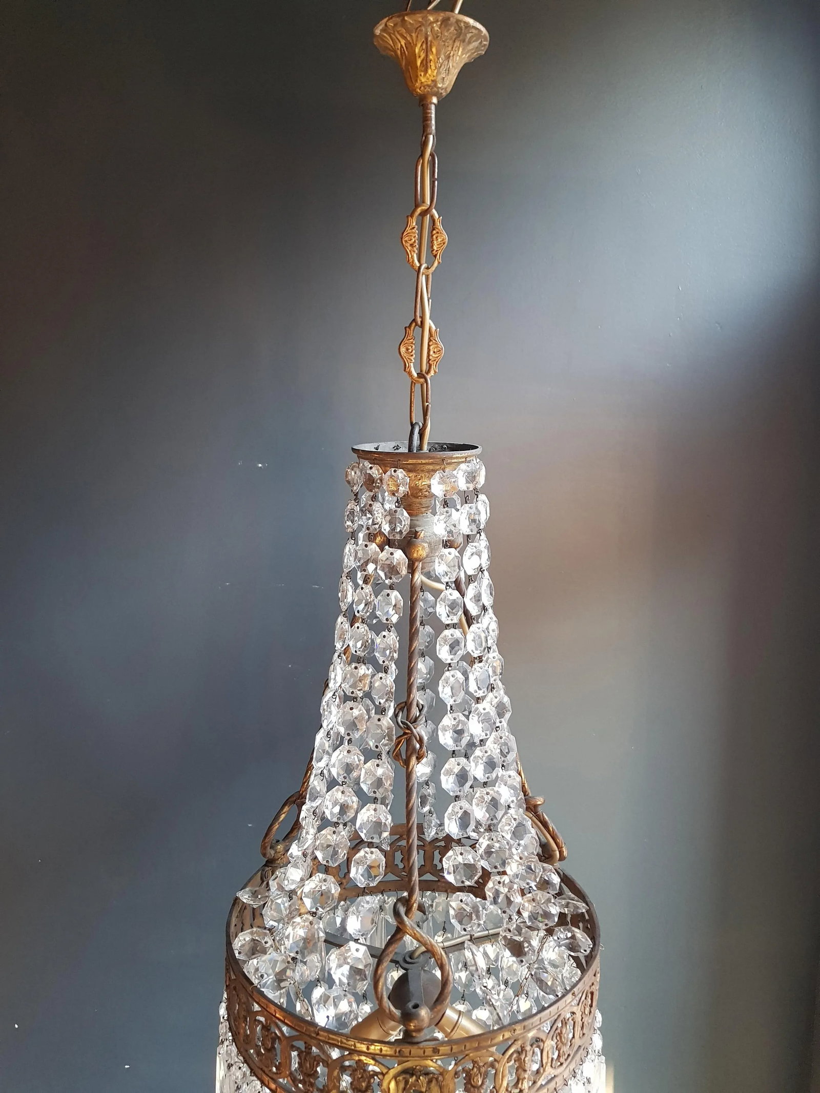 1930s Brass Empire Crystal Lustre Art Nouveau Basket Chandelier - 8