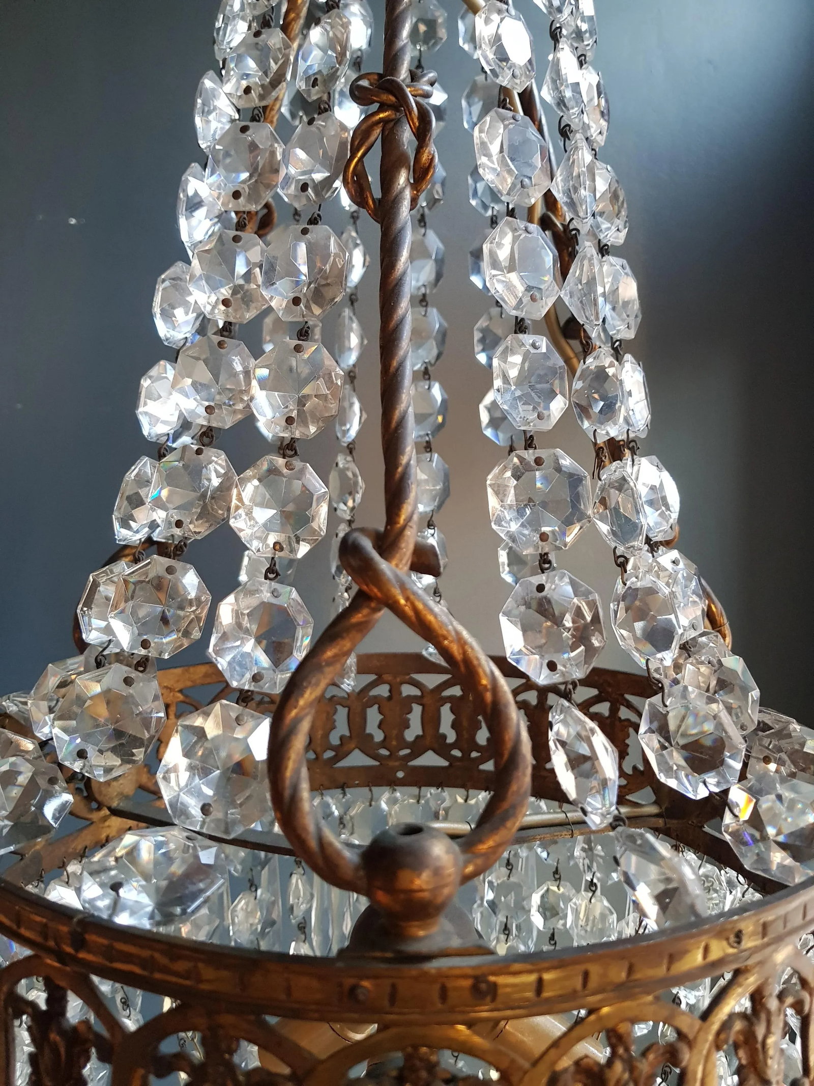 1930s Brass Empire Crystal Lustre Art Nouveau Basket Chandelier - 9