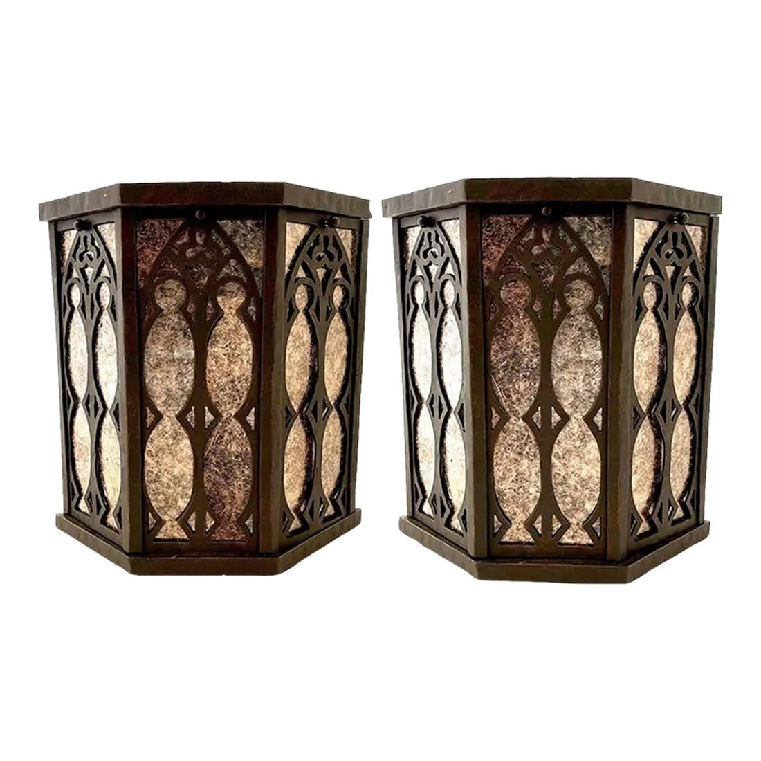 Bespoke Gothic Revival Sconces by Hacienda - Mica-Backed Hand Forged Iron - Pair: This pair of gothic revival sconces were part of a custom order but appear to have never used. Custom crafted by Hacienda Lighting - they are hand forged wrought iron. With each "bay" panel featuring 