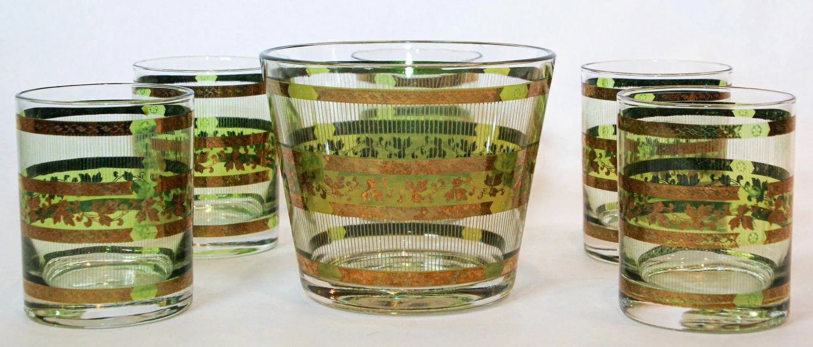 Vintage Green and Gold Rock Glasses With Ice Bucket 6 Pieces Barware Cocktail Set - 2