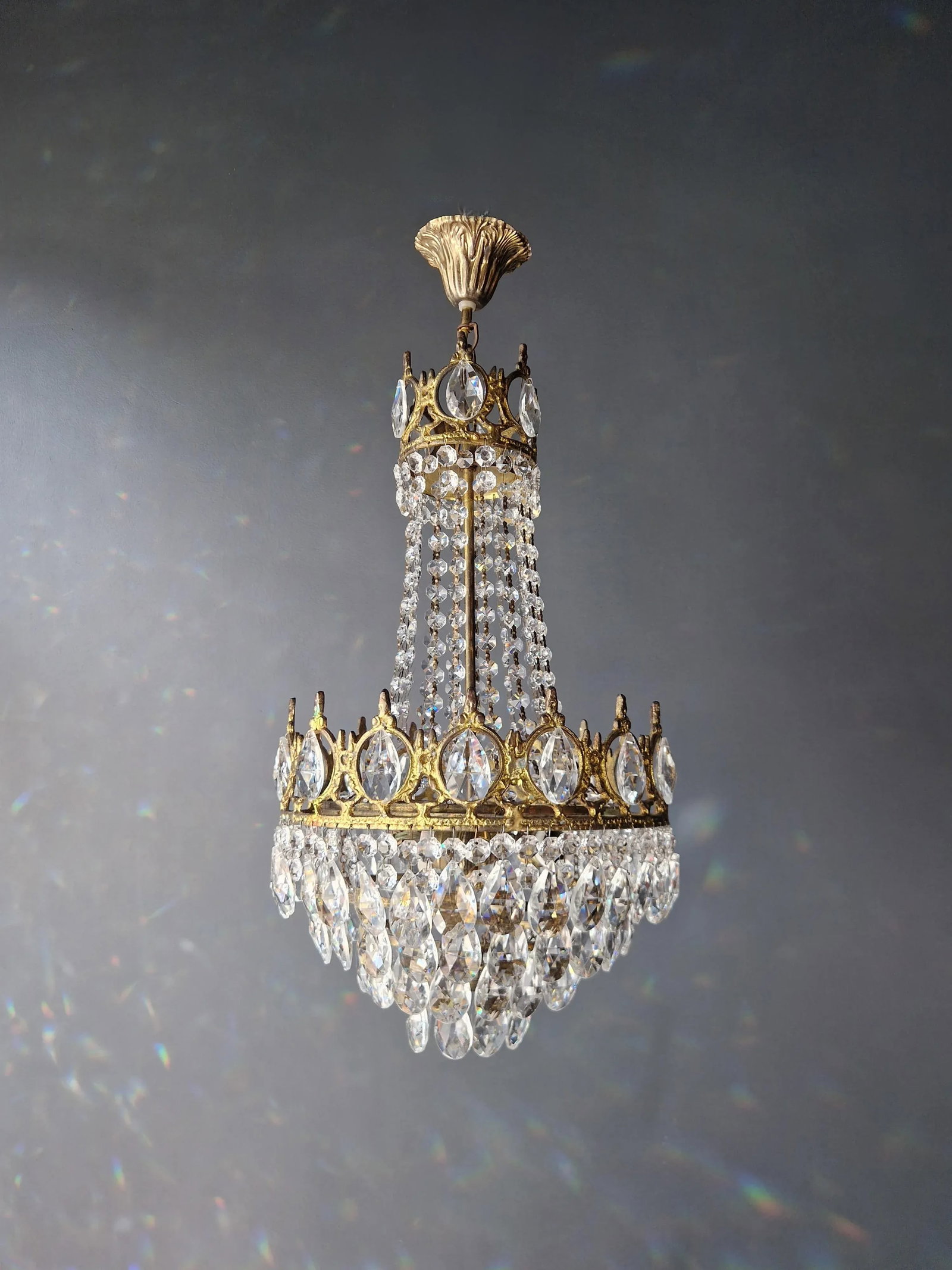 1970s Basket Brass Empire Crystal Lustre Art Nouveau Gold Chandelier - 10