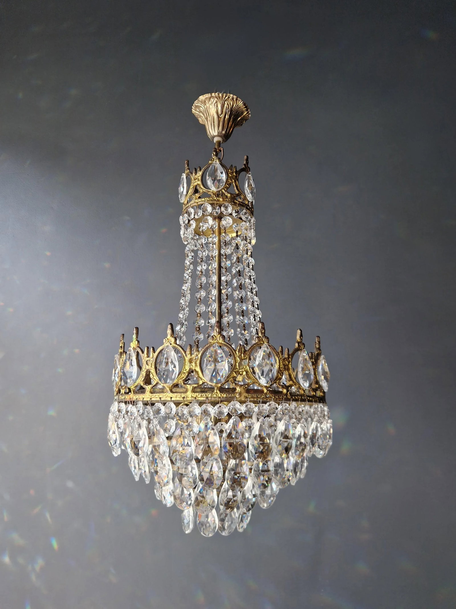 1970s Basket Brass Empire Crystal Lustre Art Nouveau Gold Chandelier - 2