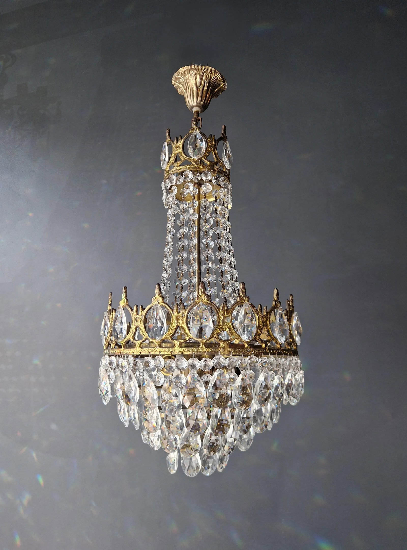 1970s Basket Brass Empire Crystal Lustre Art Nouveau Gold Chandelier - 3