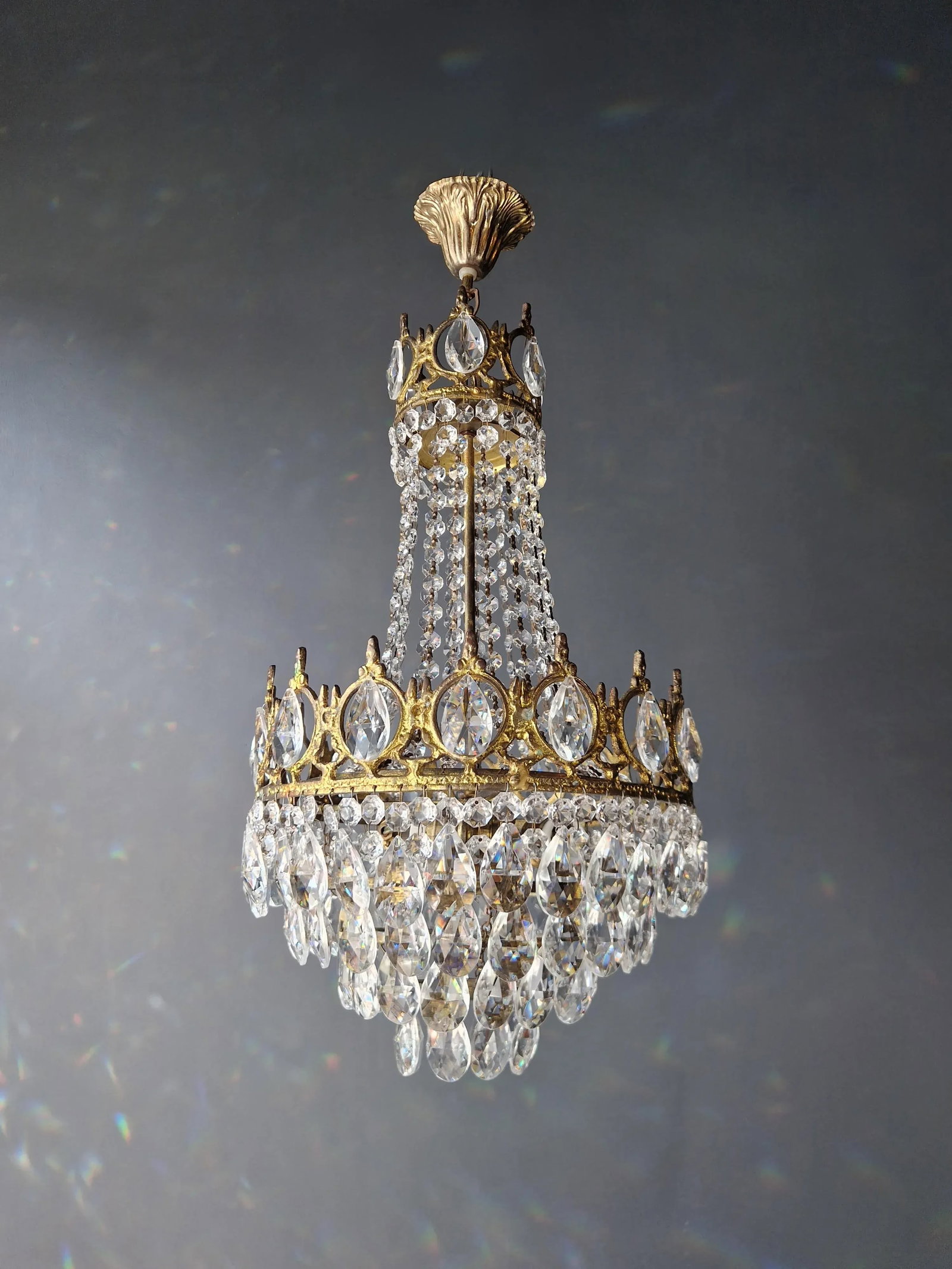 1970s Basket Brass Empire Crystal Lustre Art Nouveau Gold Chandelier - 4