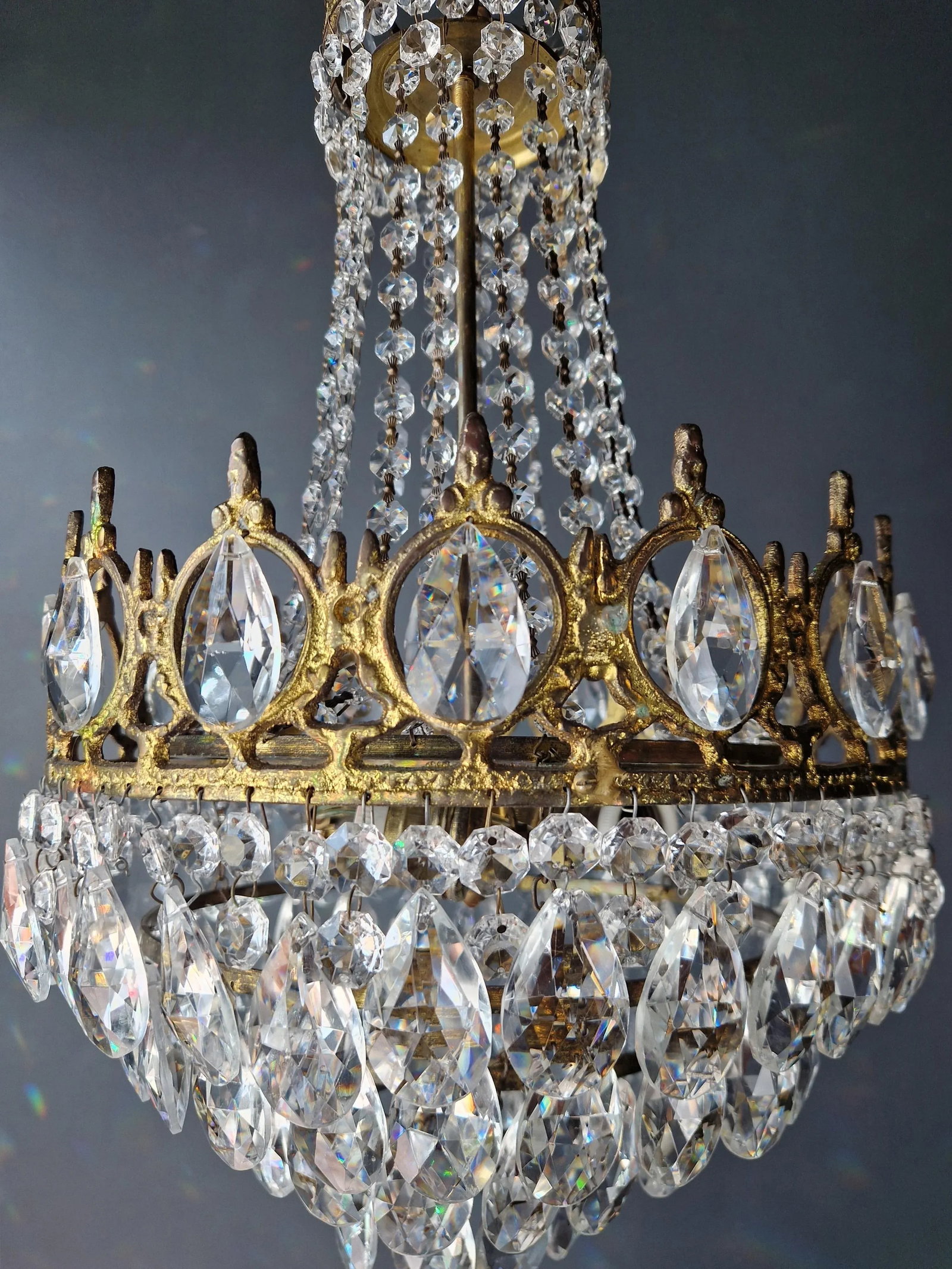 1970s Basket Brass Empire Crystal Lustre Art Nouveau Gold Chandelier - 5
