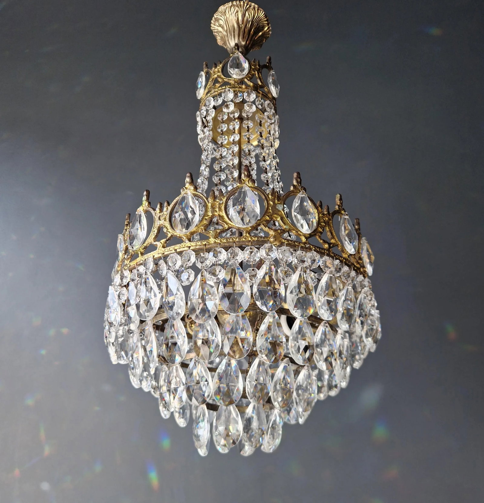 1970s Basket Brass Empire Crystal Lustre Art Nouveau Gold Chandelier - 6