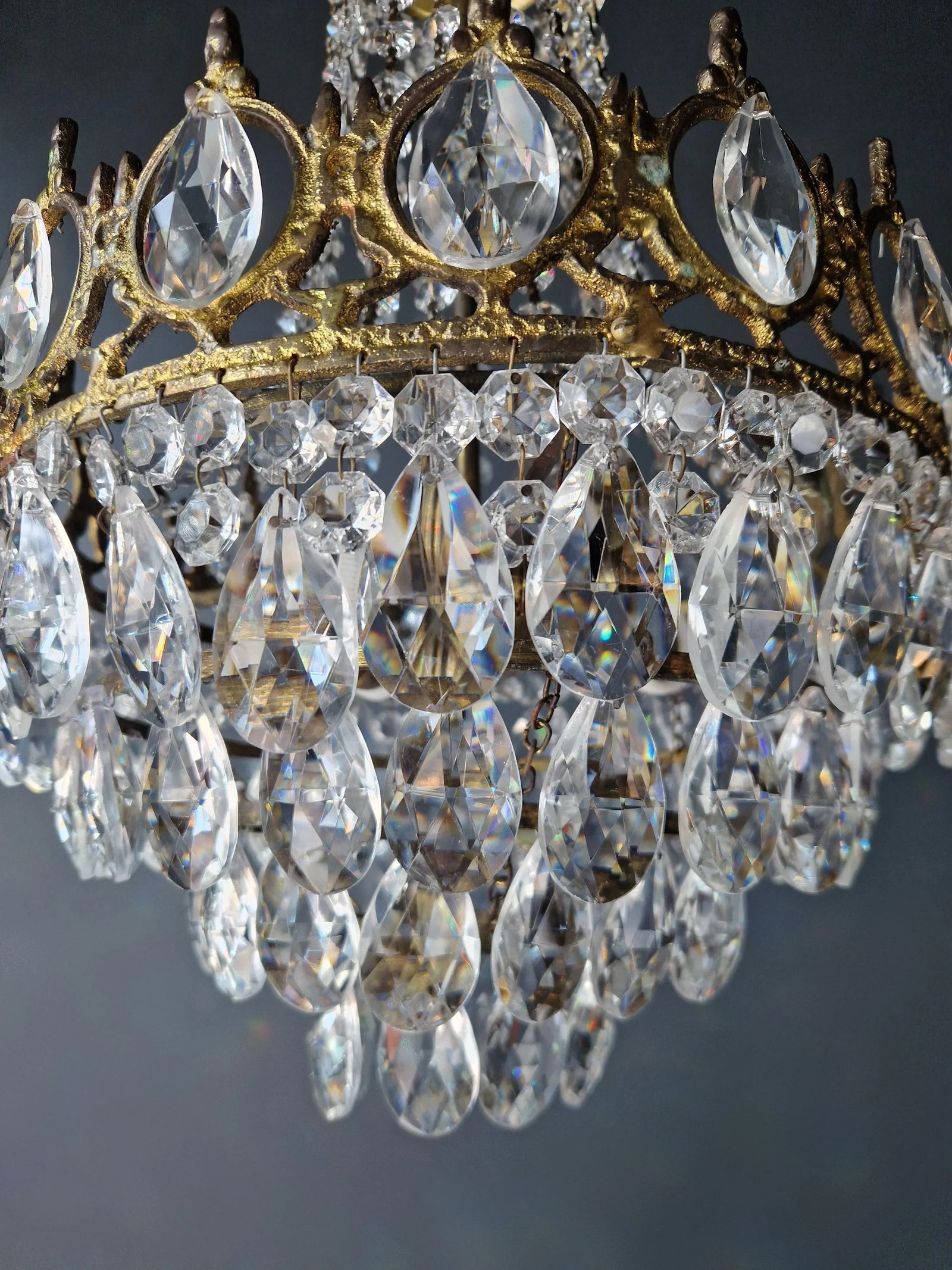 1970s Basket Brass Empire Crystal Lustre Art Nouveau Gold Chandelier - 7