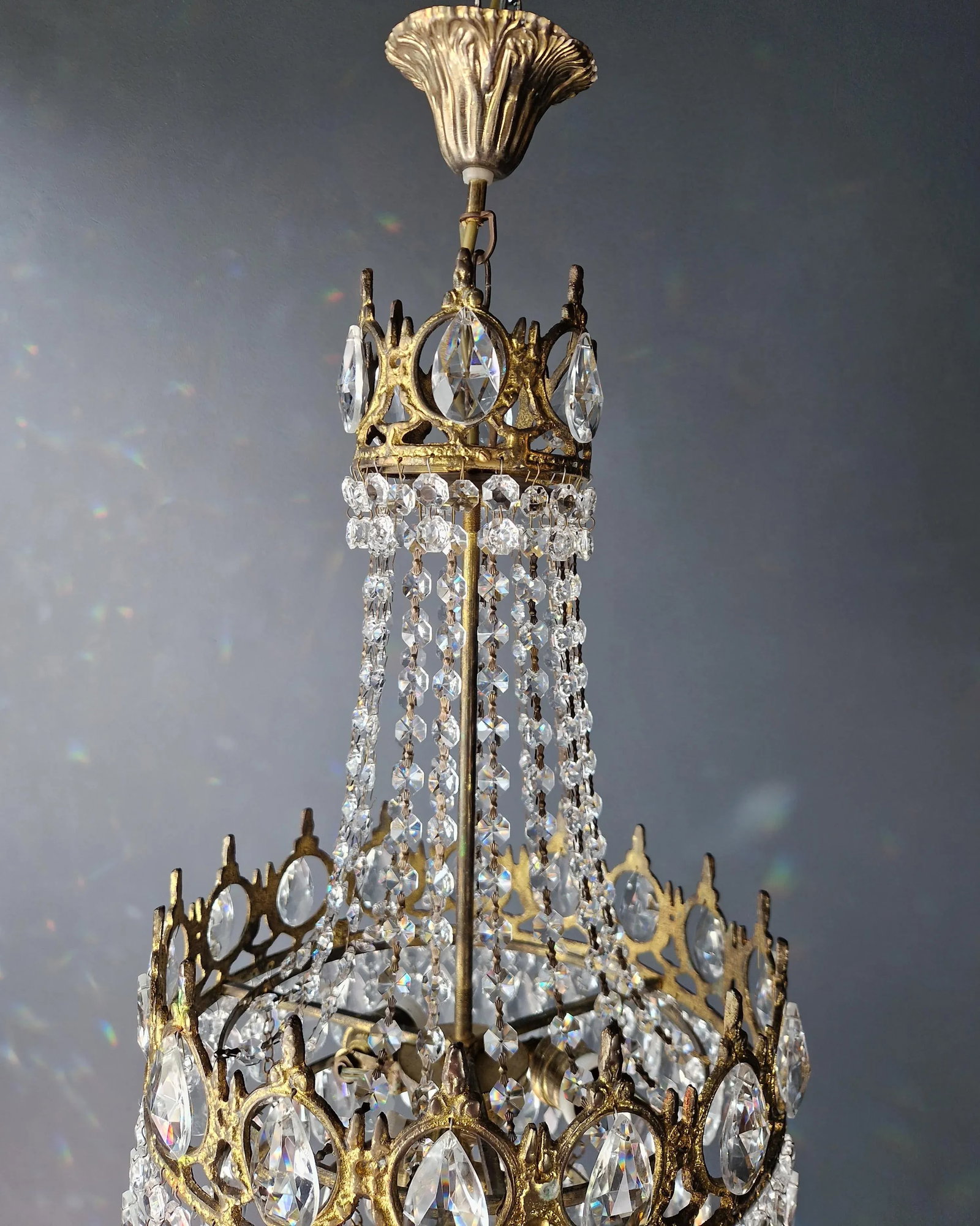 1970s Basket Brass Empire Crystal Lustre Art Nouveau Gold Chandelier - 8