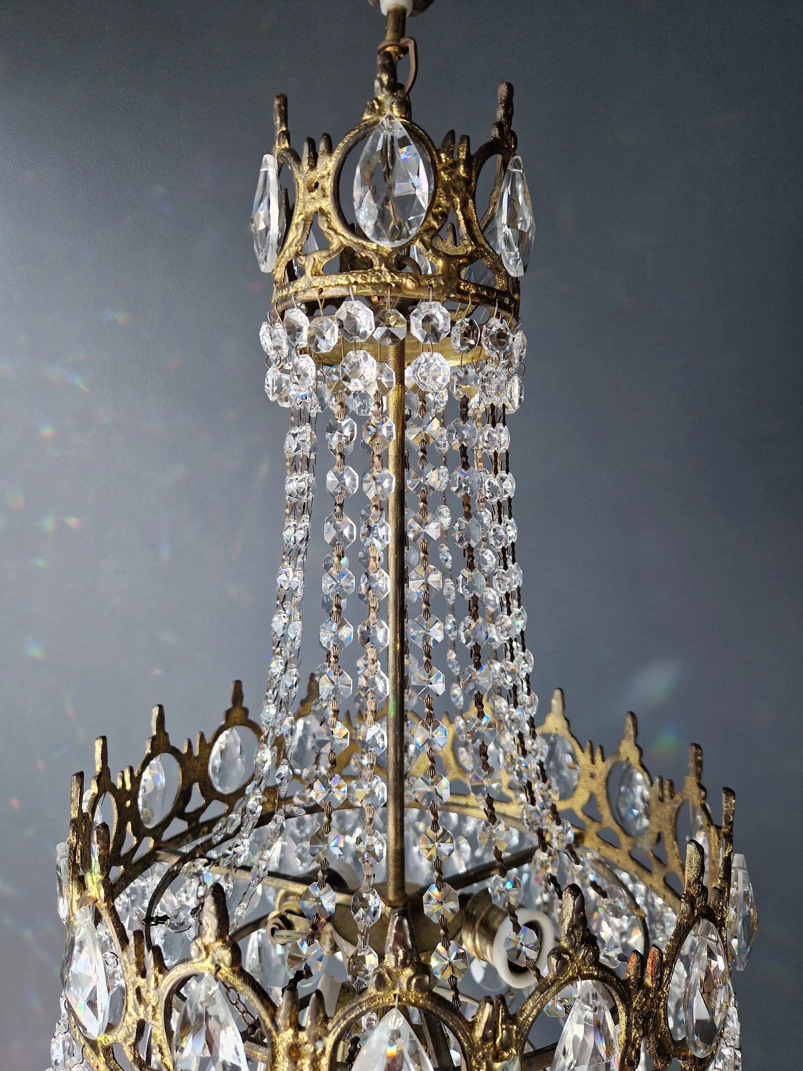 1970s Basket Brass Empire Crystal Lustre Art Nouveau Gold Chandelier - 9