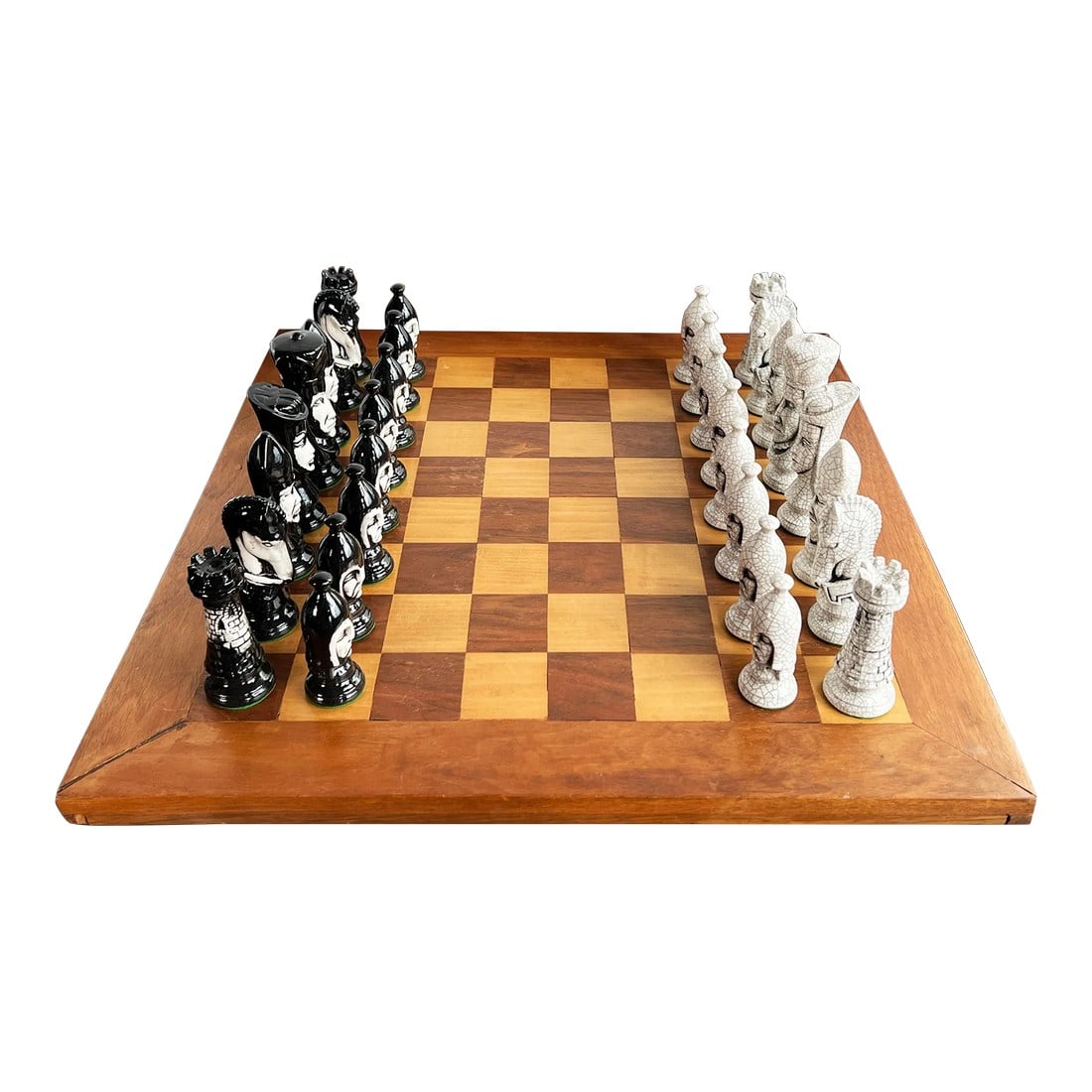 Vintage 1950's Ceramic Chess Set W/ Hand Made Wood Board: Fabulous set of vintage 1950's ceramic hand painted chess pieces, with a hand made wood board from the same period! Absolutely a stunning set, really well done pieces, standing from 3" to 4 1/4" in