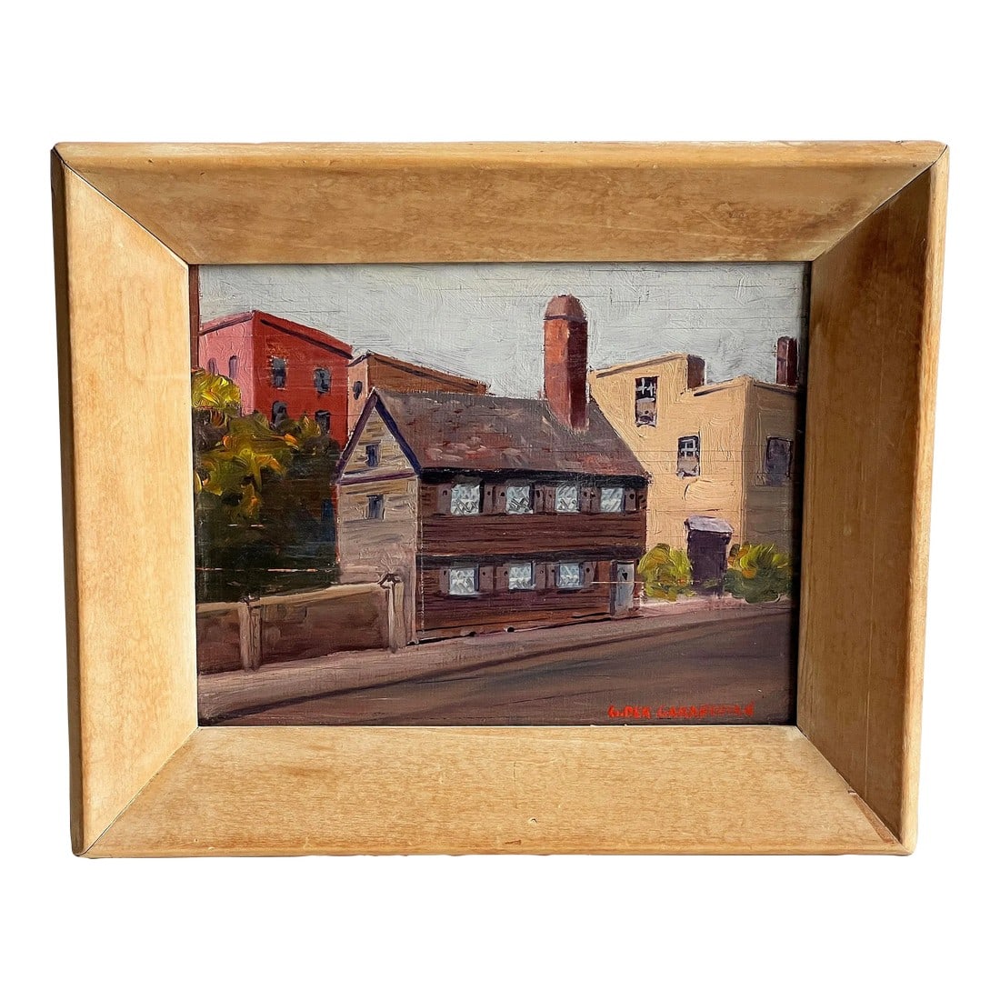 Vintage Oil Painting of Paul Revere House Boston by Giragos Der Garabedian Framed Architectural View: This mid century oil painting by famed Boston artist G. Der Garabedian presents an architectural view of the Paul Revere House in Boston's historic North End. Painted in oil on board and in its