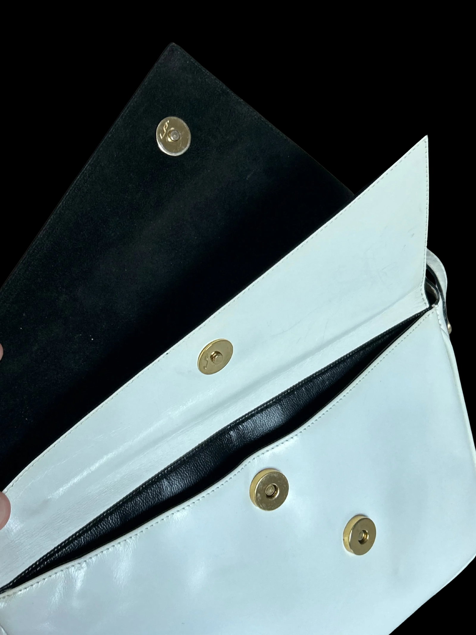 Authentic Vintage Salvatore Ferragamo Leather Handbag in White and Black Patent Leather Envelope - 9
