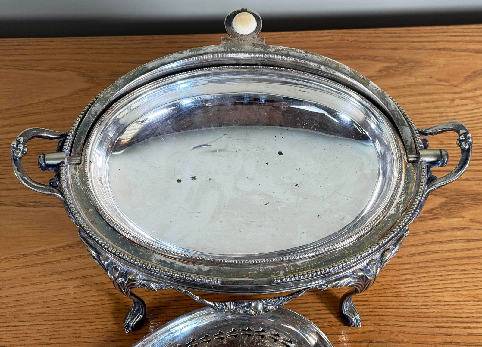Antique Silver Plated Domed Roll Top Serving Dish W/ Pierced Insert - 10