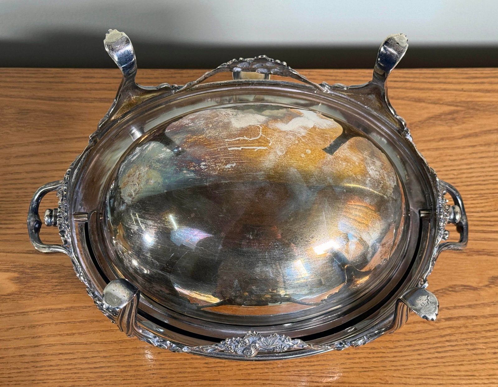 Antique Silver Plated Domed Roll Top Serving Dish W/ Pierced Insert - 12