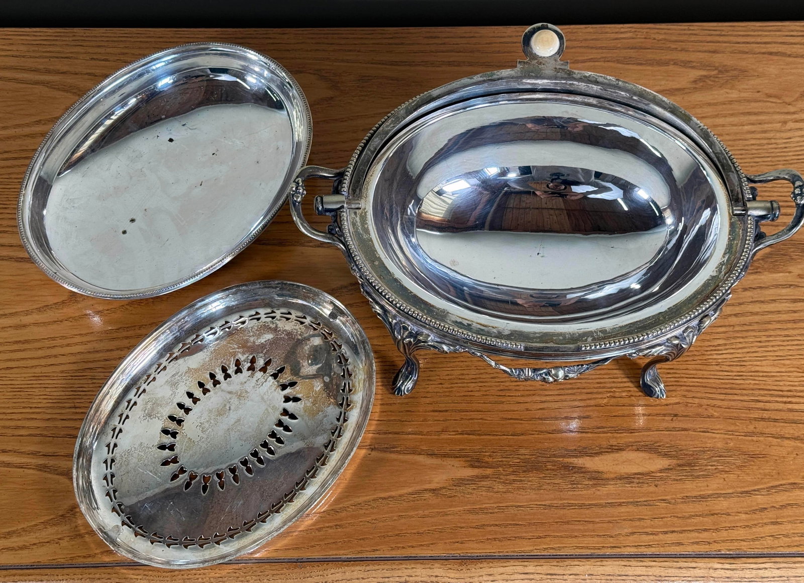 Antique Silver Plated Domed Roll Top Serving Dish W/ Pierced Insert - 6