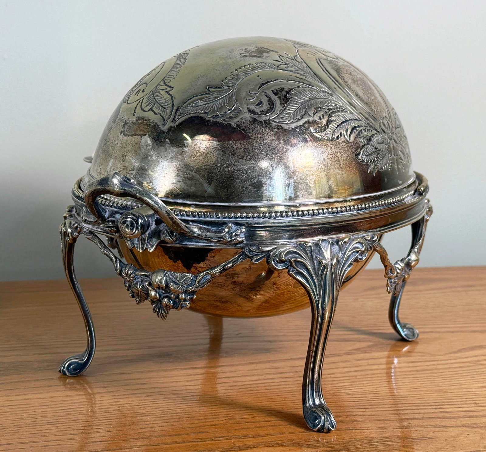 Antique Silver Plated Domed Roll Top Serving Dish W/ Pierced Insert - 8