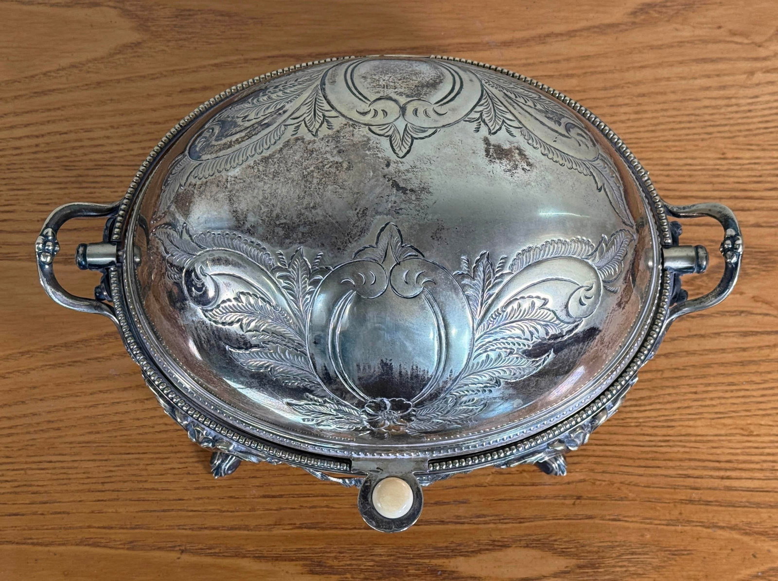 Antique Silver Plated Domed Roll Top Serving Dish W/ Pierced Insert - 9