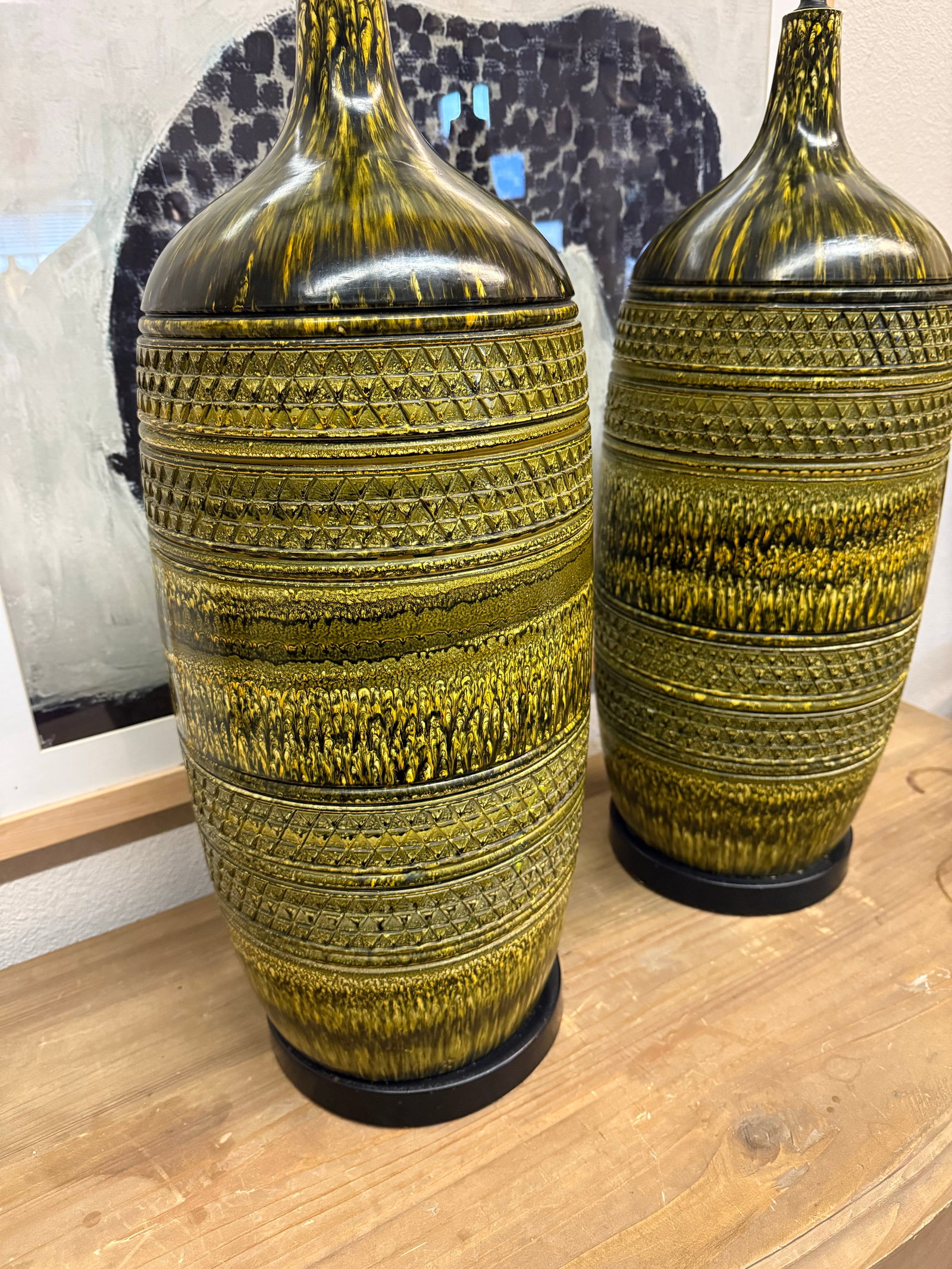 1950s Bitossi Large Vintage Green Textured Lamps Pair - 2