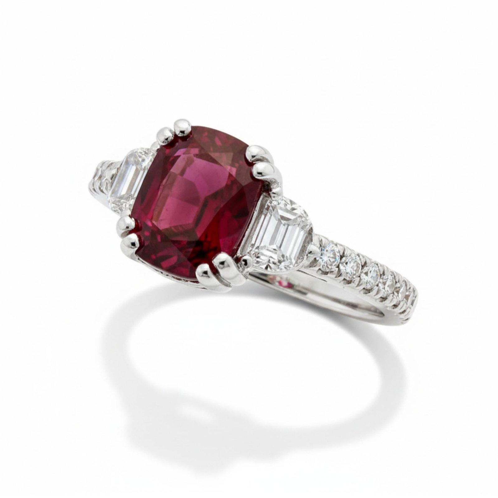 Gia Certified No Heat Cushion Ruby Half Moon Diamond Platinum Cocktail Ring, Size 6.5 - 5