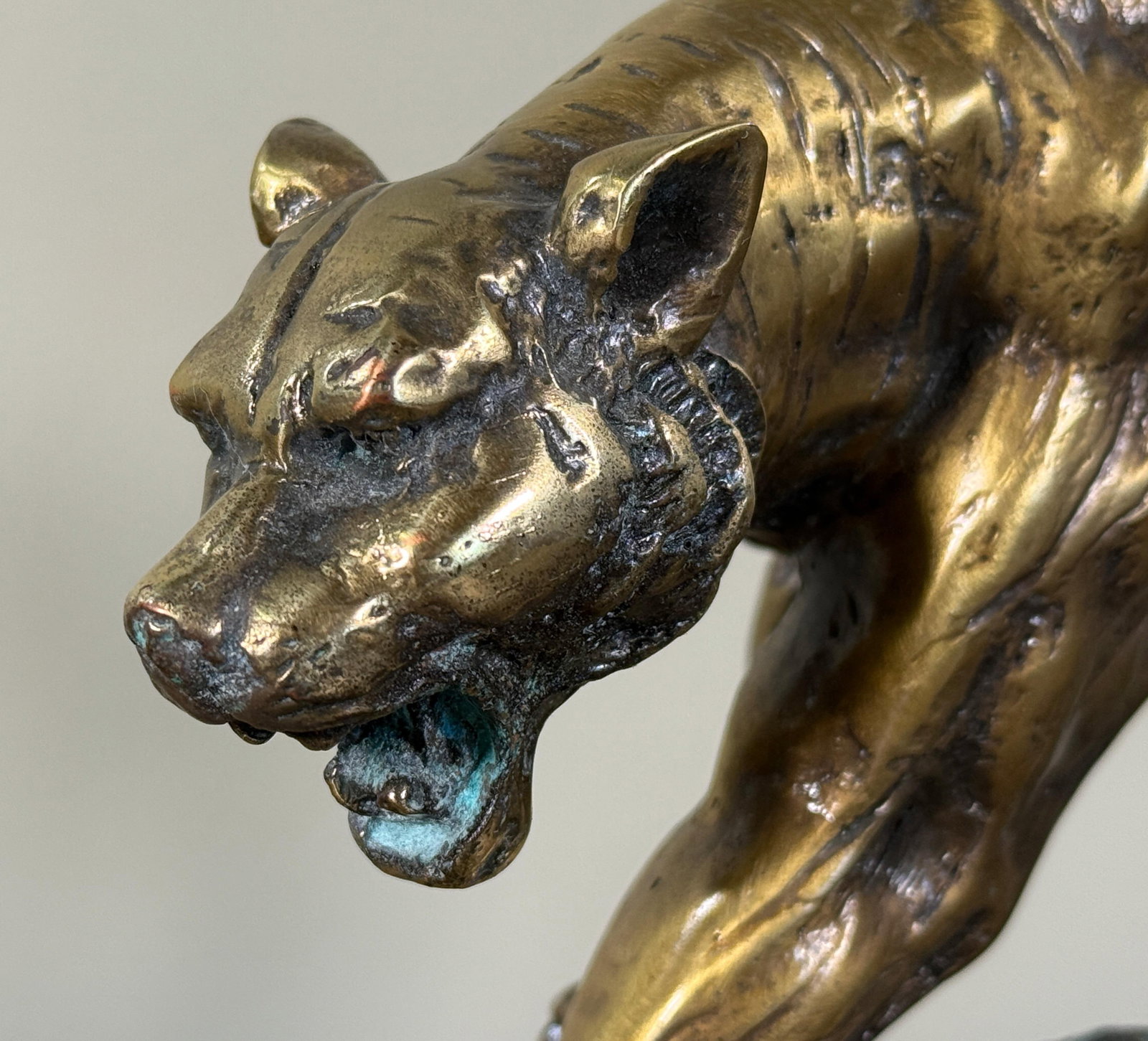 Vintage Art Deco Style Bronze Tiger Sculpture on Marble Base - 3