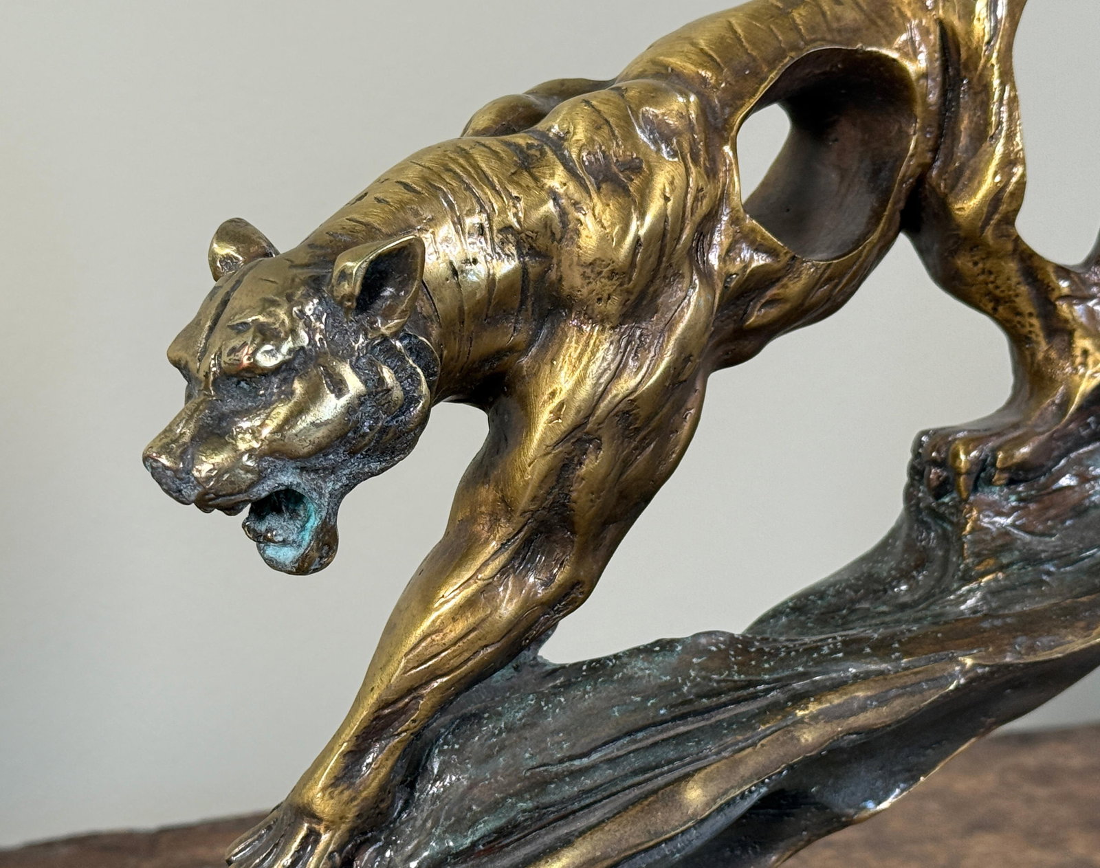 Vintage Art Deco Style Bronze Tiger Sculpture on Marble Base - 5
