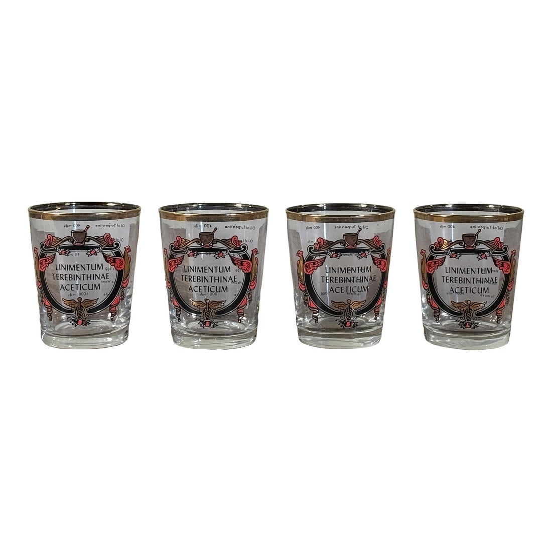 Vintage Apothecary Style Gilt Rim Glass Tumblers Liniment Terebinthinae - Set of 4 (1 of 7)