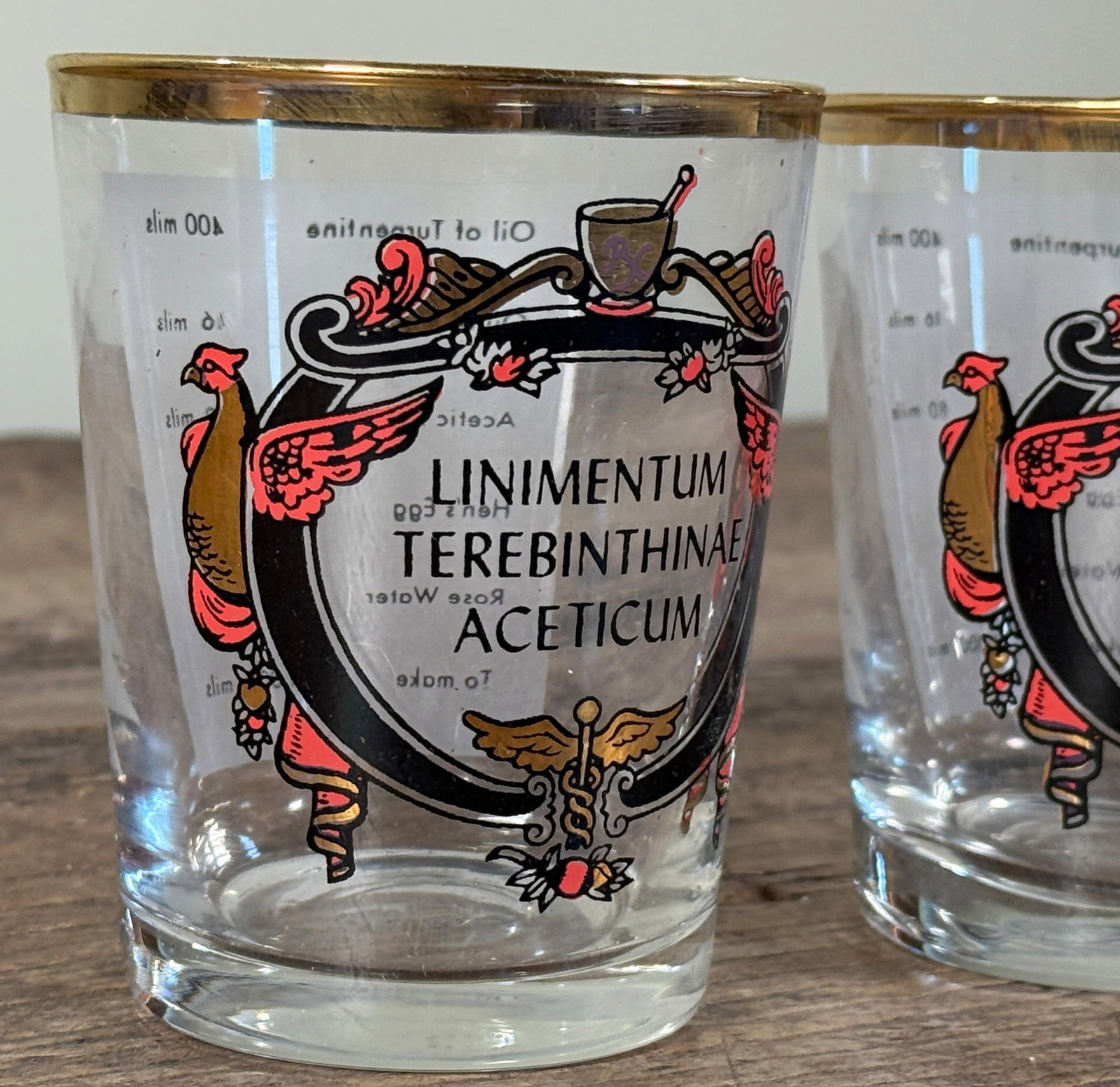 Vintage Apothecary Style Gilt Rim Glass Tumblers Liniment Terebinthinae - Set of 4 - 3