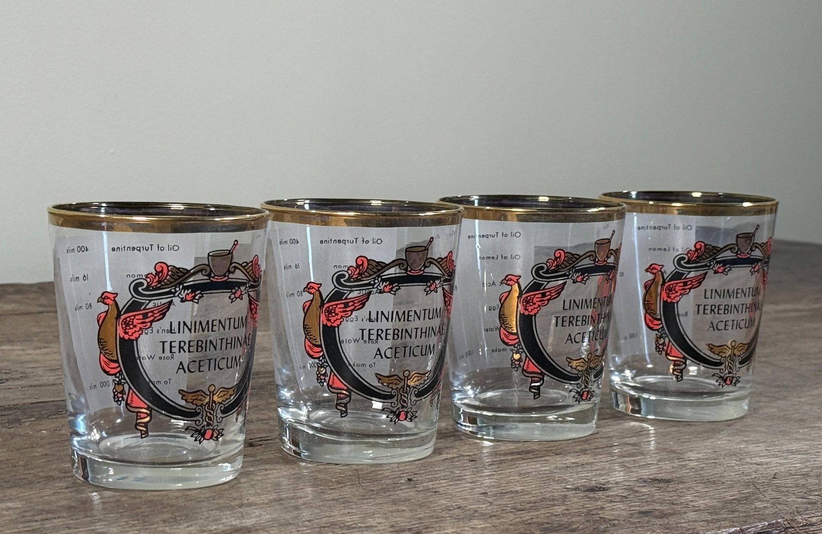 Vintage Apothecary Style Gilt Rim Glass Tumblers Liniment Terebinthinae - Set of 4 - 4