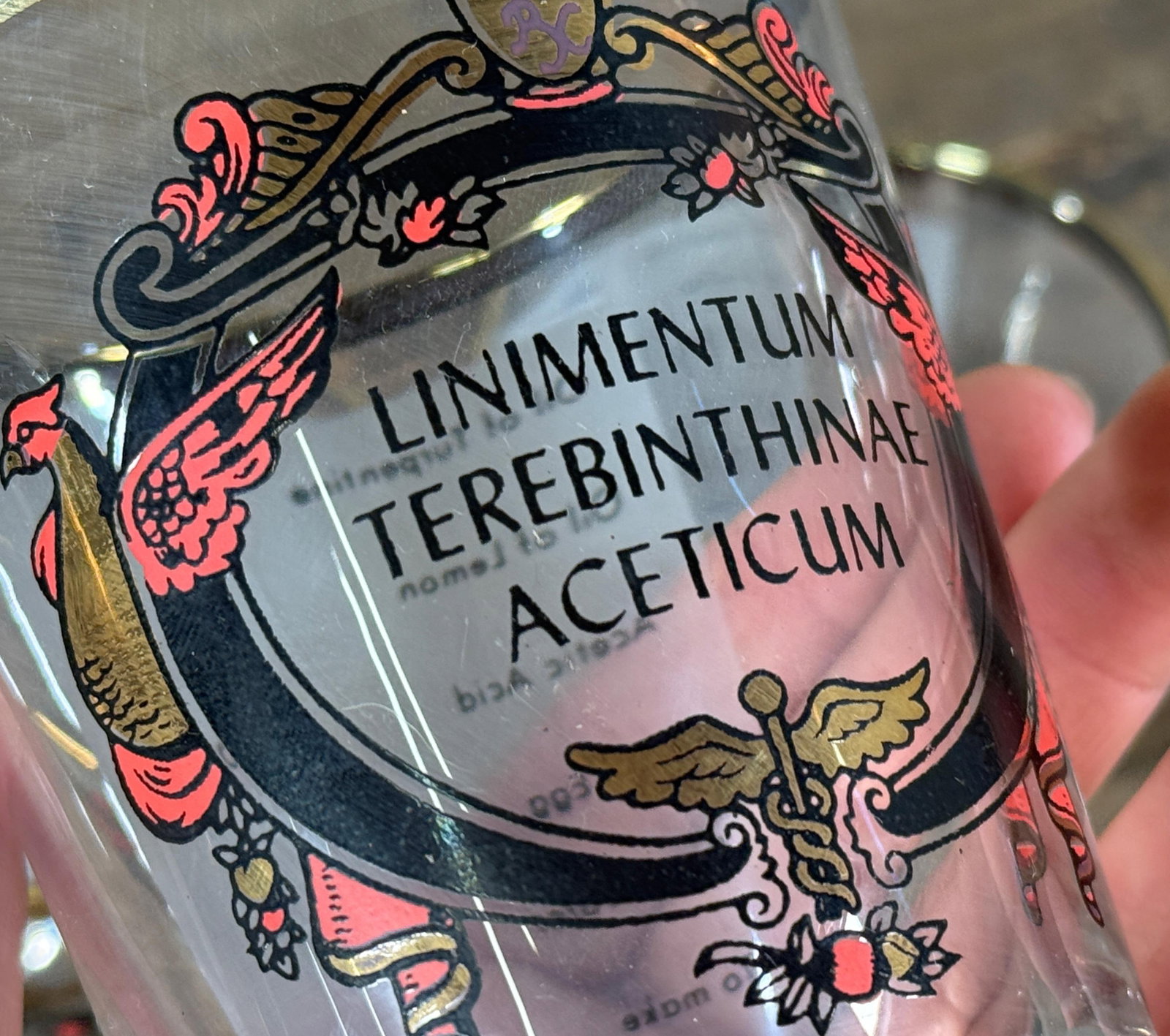 Vintage Apothecary Style Gilt Rim Glass Tumblers Liniment Terebinthinae - Set of 4 - 5