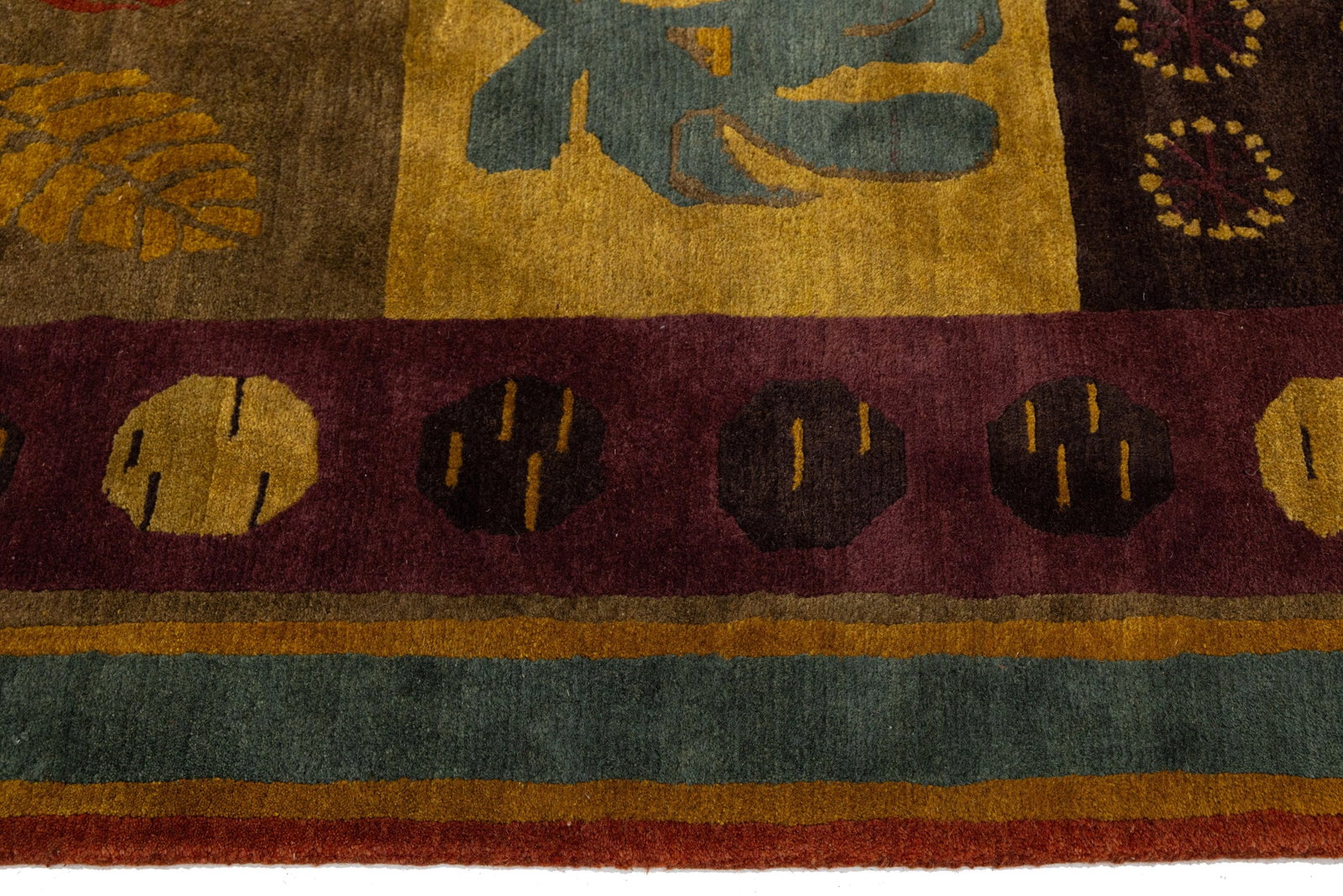 Modern Tibetan Hand-Knotted Wool and Silk Rug With Botanical and Geometric Motif - 10