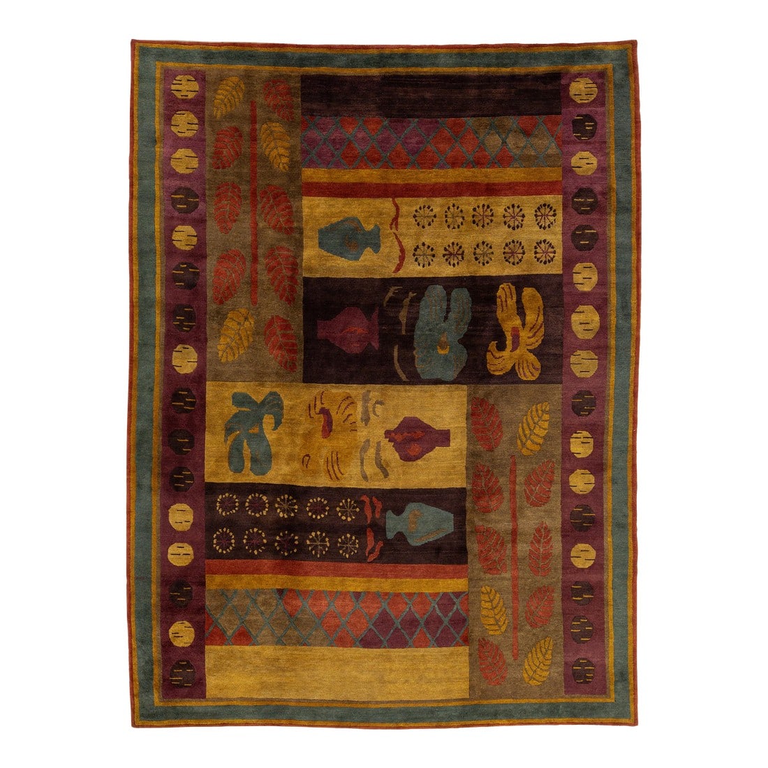 Modern Tibetan Hand-Knotted Wool and Silk Rug With Botanical and Geometric Motif (1 of 10)