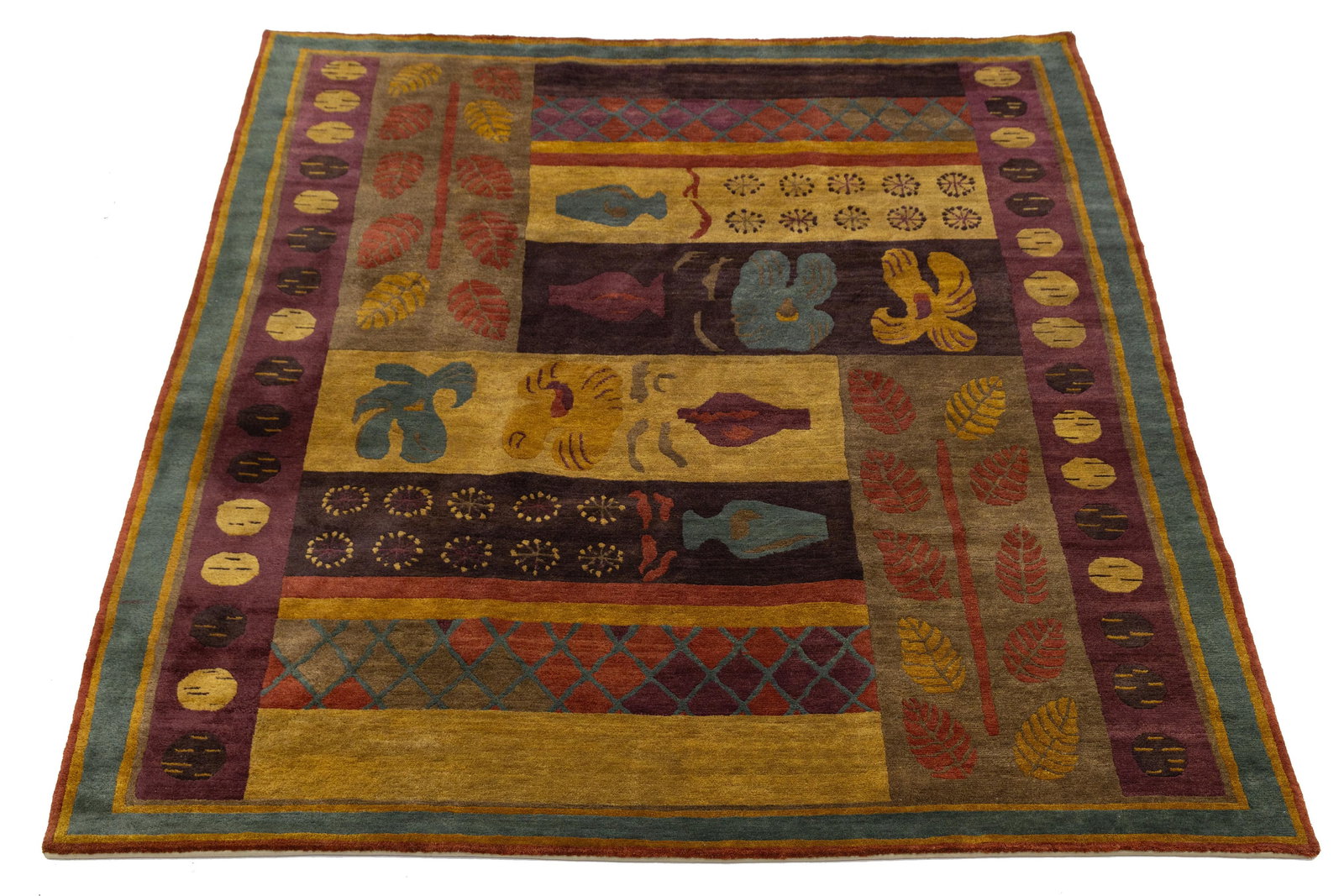 Modern Tibetan Hand-Knotted Wool and Silk Rug With Botanical and Geometric Motif - 2