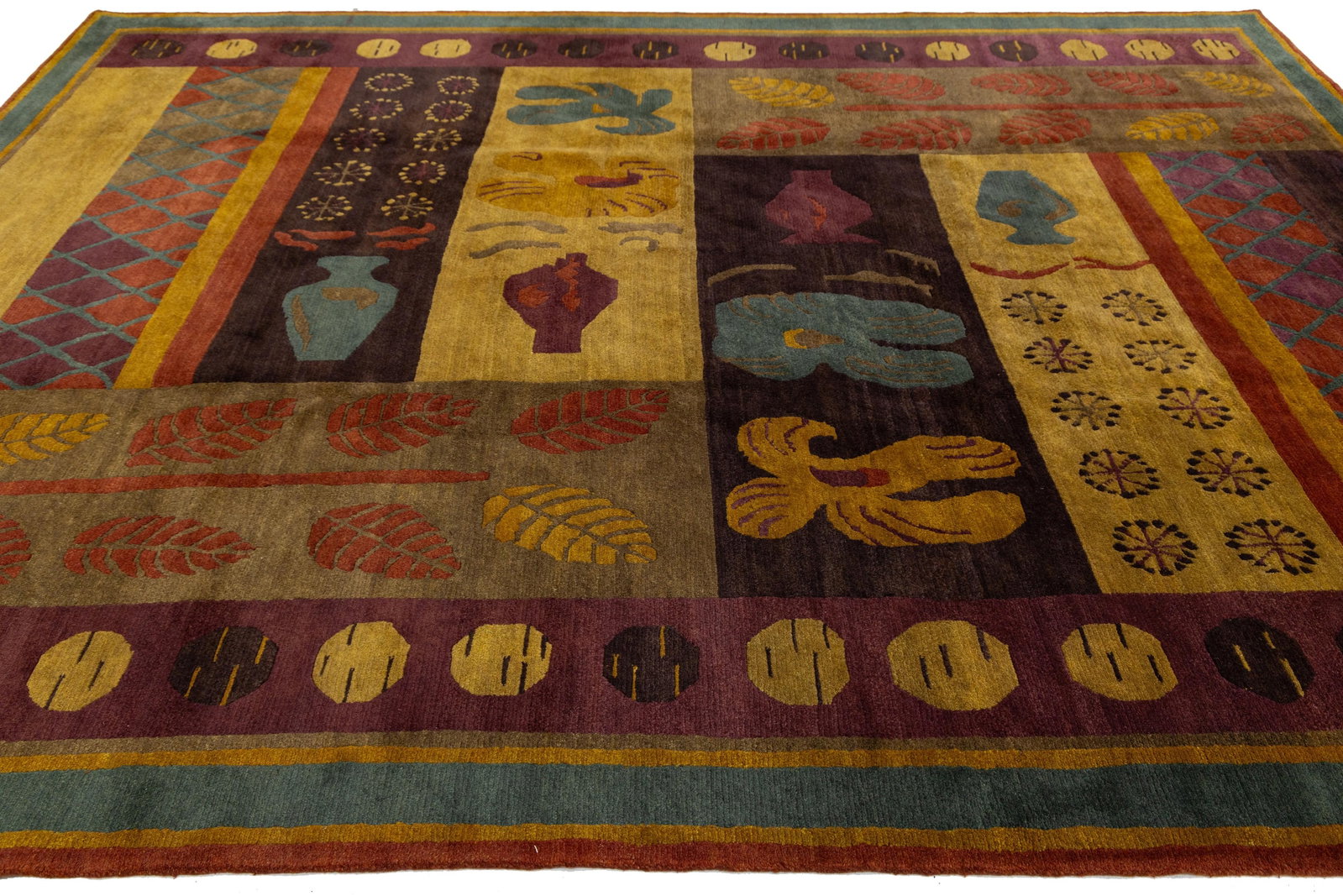 Modern Tibetan Hand-Knotted Wool and Silk Rug With Botanical and Geometric Motif - 3