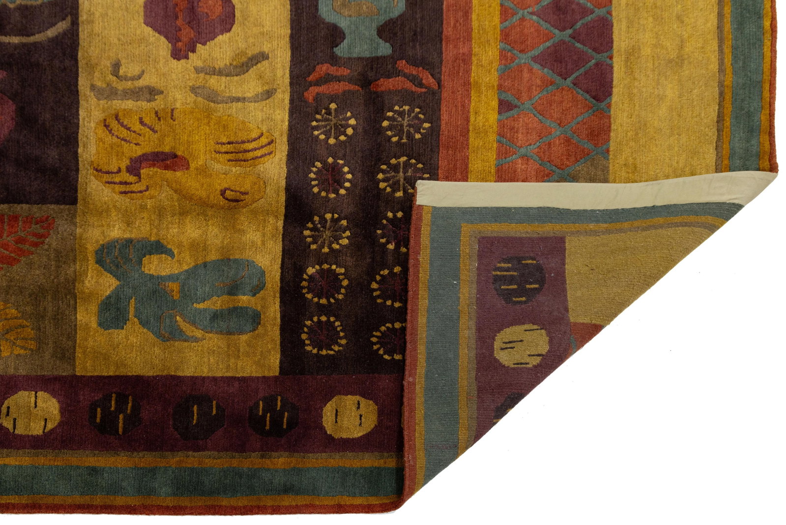 Modern Tibetan Hand-Knotted Wool and Silk Rug With Botanical and Geometric Motif - 4