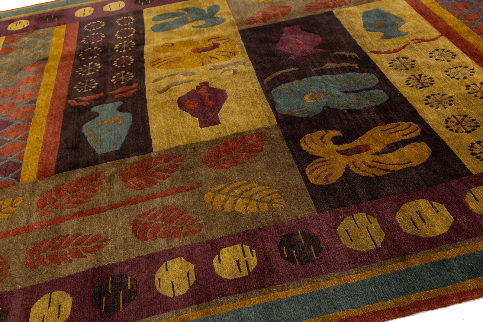 Modern Tibetan Hand-Knotted Wool and Silk Rug With Botanical and Geometric Motif - 6