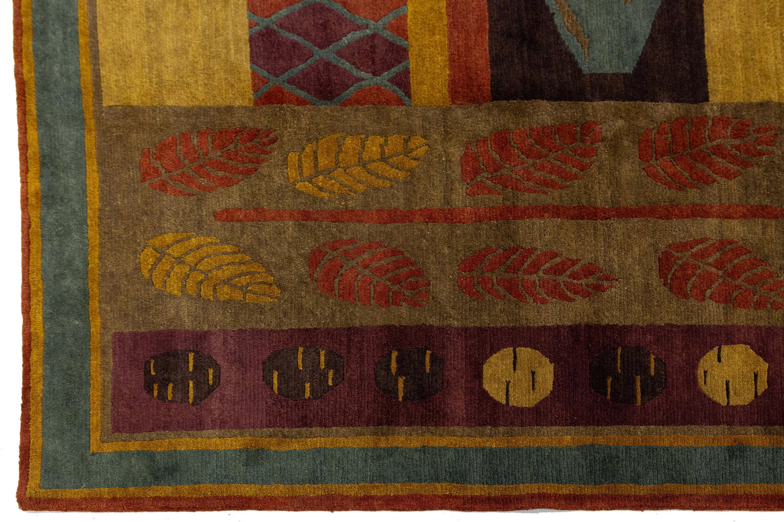 Modern Tibetan Hand-Knotted Wool and Silk Rug With Botanical and Geometric Motif - 7