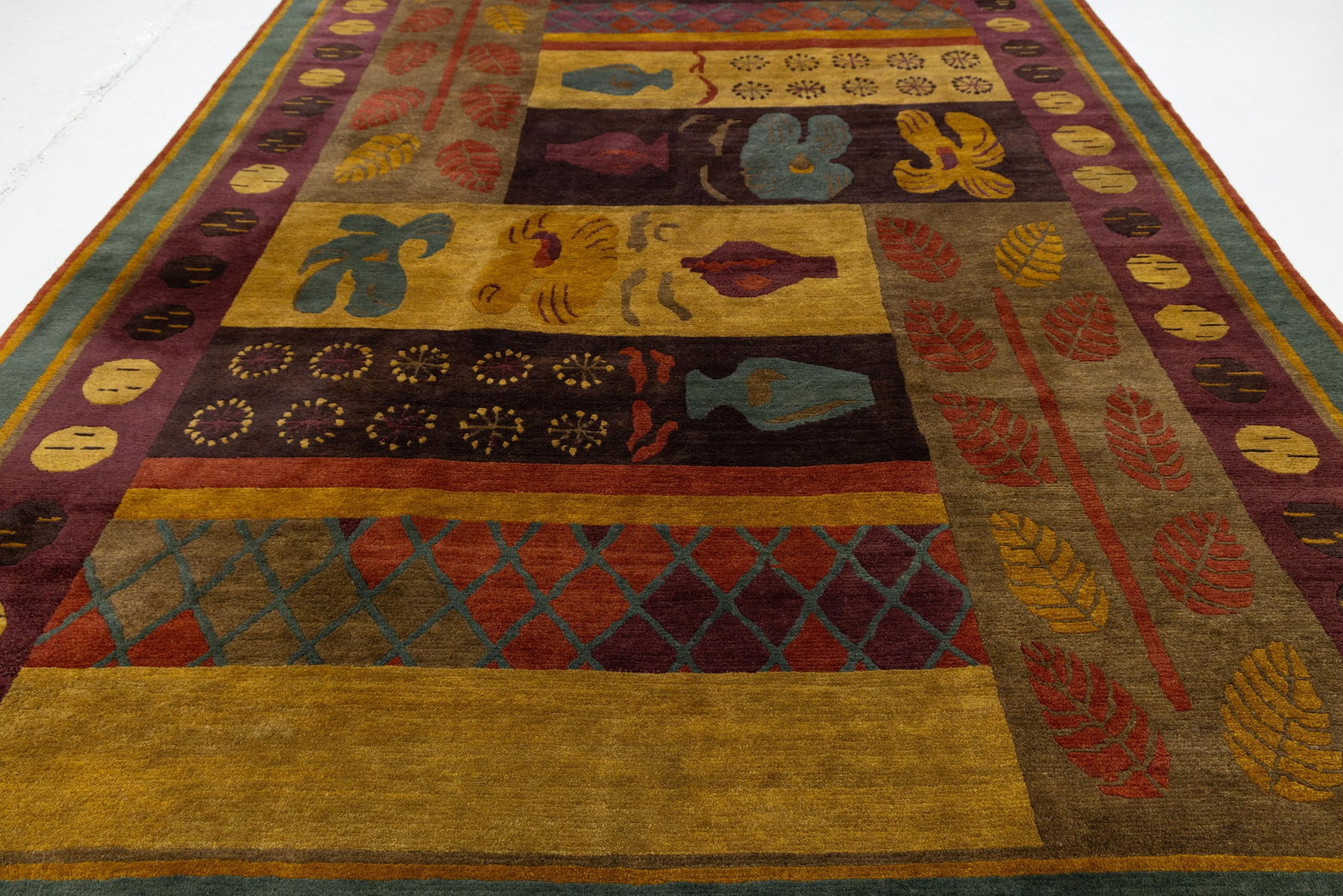Modern Tibetan Hand-Knotted Wool and Silk Rug With Botanical and Geometric Motif - 8