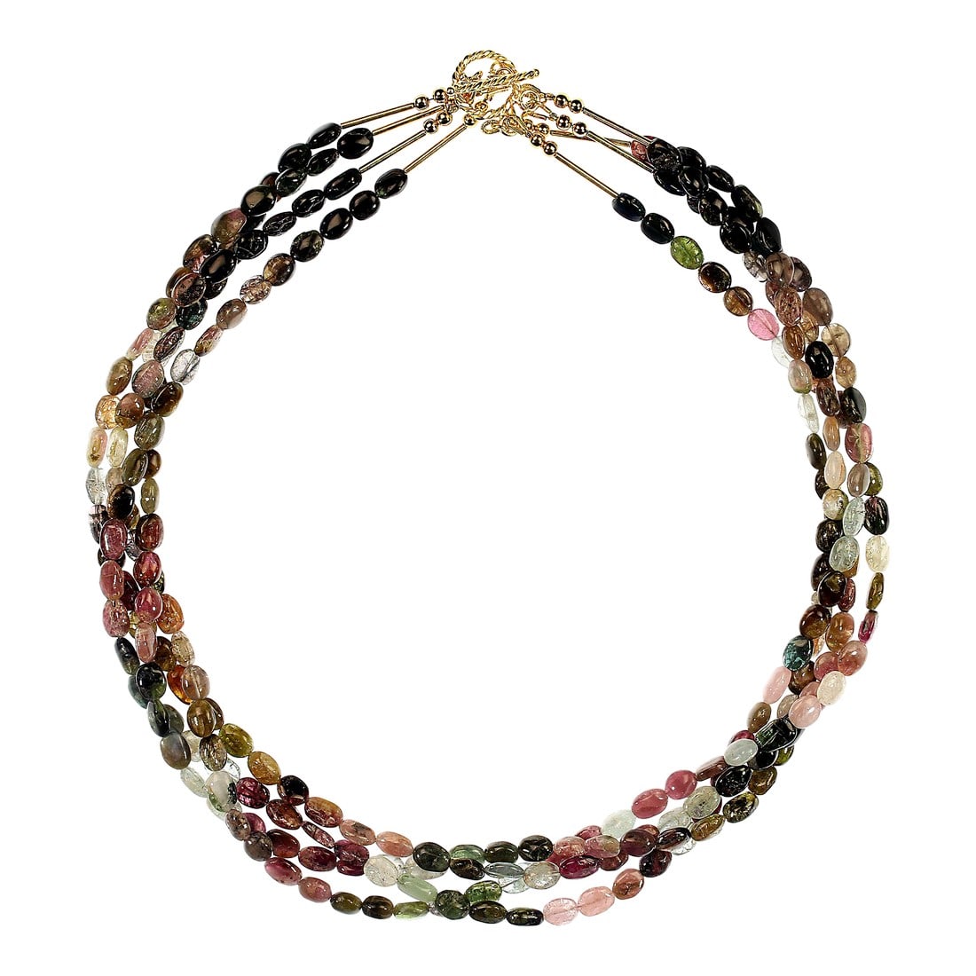 Ajd 19 Inch Four Strand Multi Color Tourmaline Nugget Necklace: A 19"‘inch four"‘strand tourmaline nugget necklace becomes a true statement piece when described with the richness it deserves. This elegant design features highly polished **6x4 mm multicolor