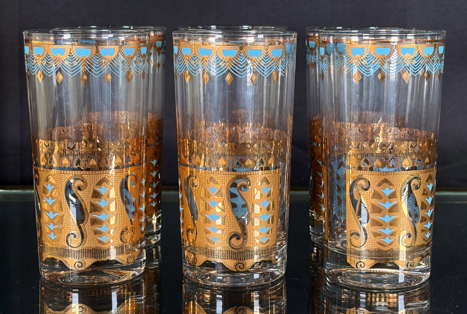 Culver Saratoga Highball Glasses in Turquoise and 22k Gold - Set of 6 - 2