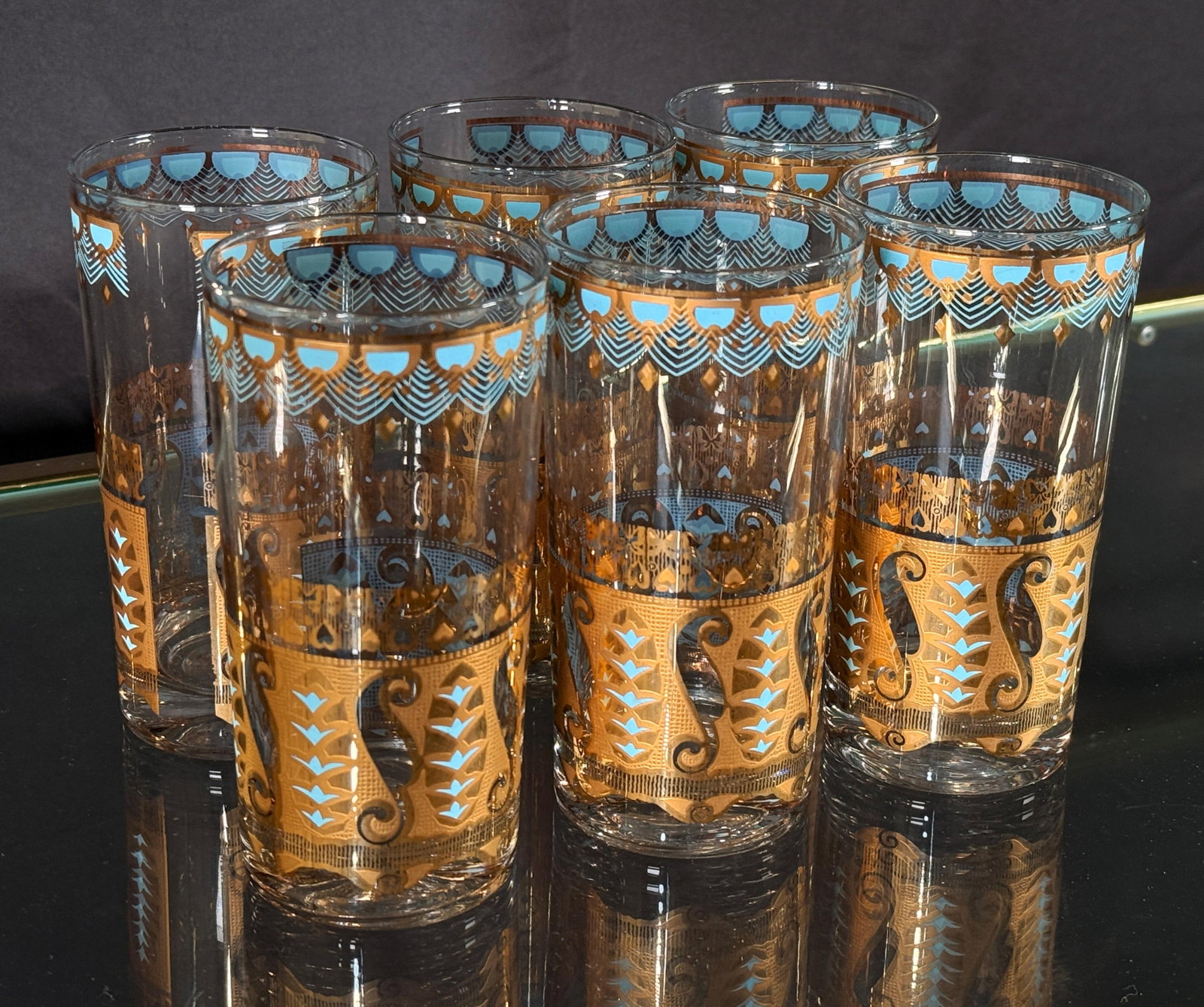 Culver Saratoga Highball Glasses in Turquoise and 22k Gold - Set of 6 - 4