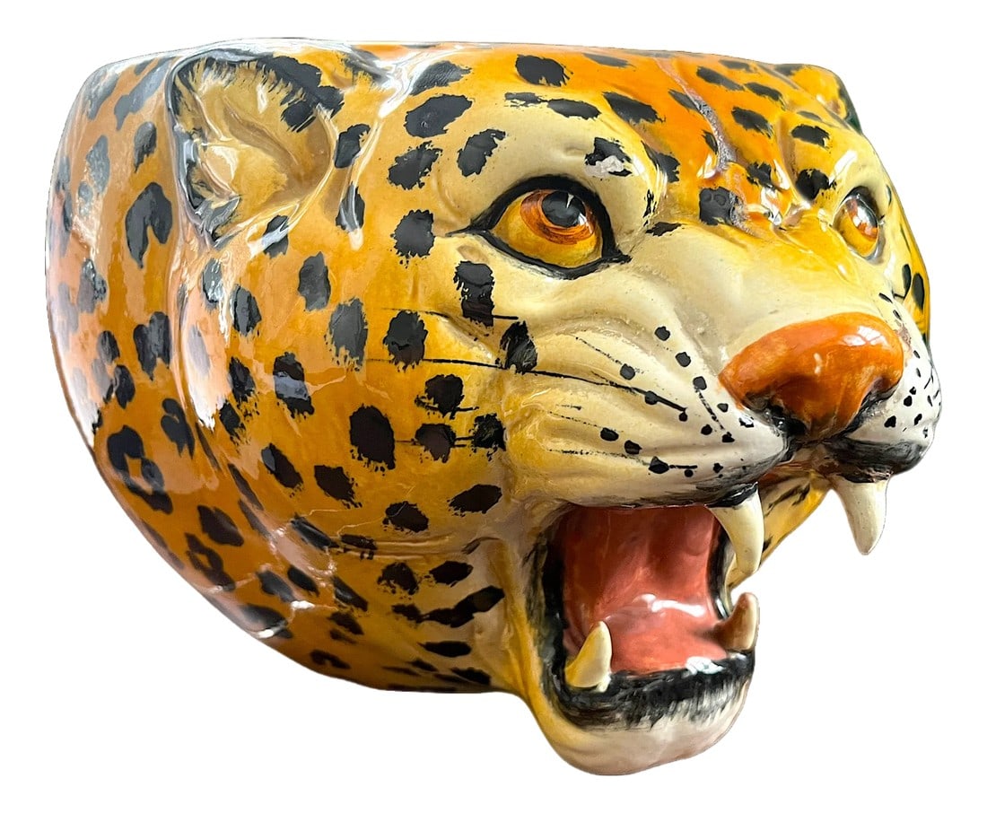 1970s Monumental Sculptural Leopard Head Cachepot – Hand Painted Ceramic – Hollywood: An exceptional and highly decorative sculptural leopard head cachepot, executed in richly glazed ceramic with striking hand-painted detail and dramatic dimensional form. Makes a big statement at 7.5"