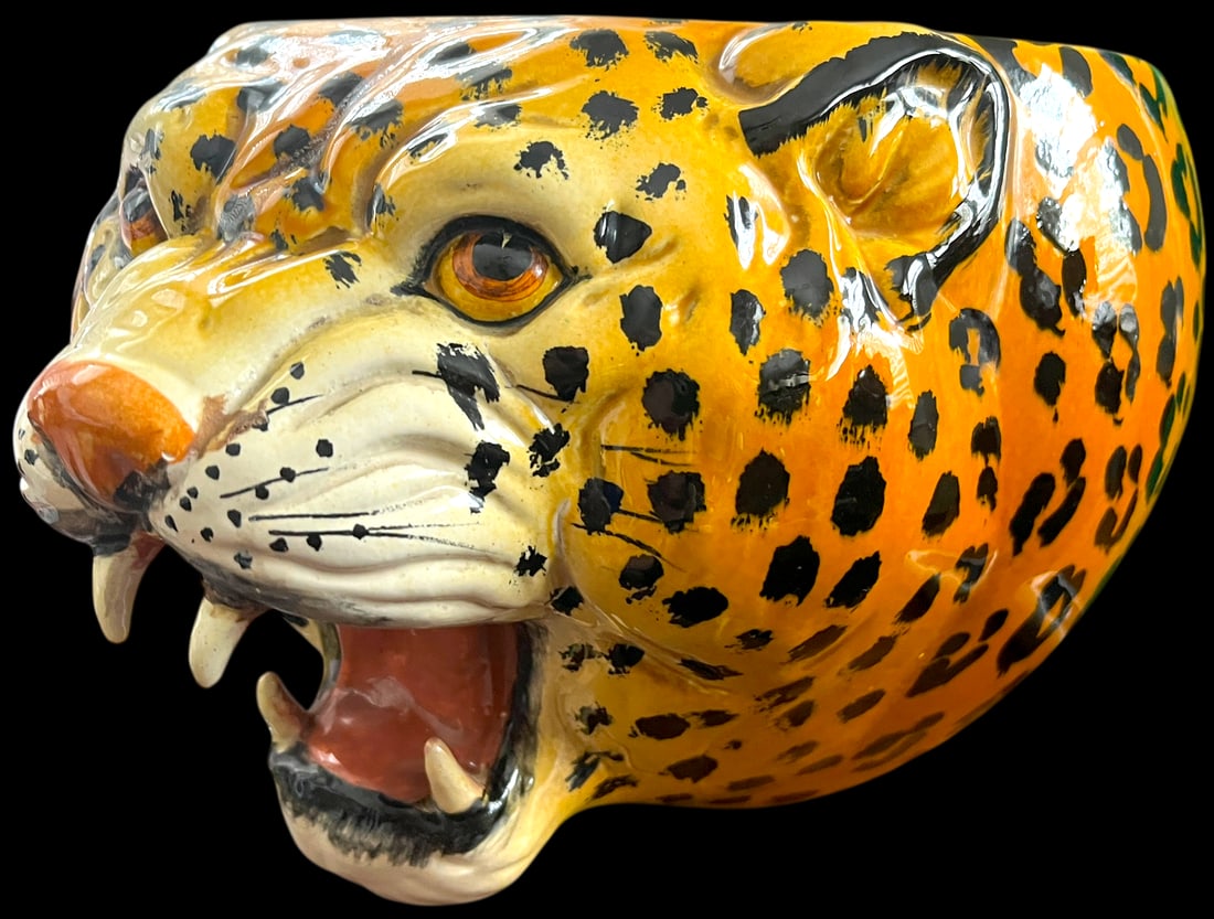 1970s Monumental Sculptural Leopard Head Cachepot – Hand Painted Ceramic – Hollywood - 5