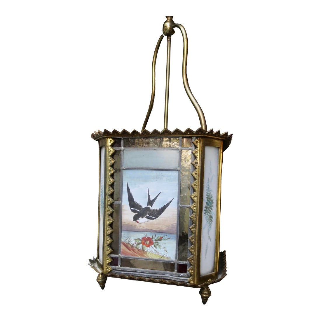 1900s Arts and Crafts Stain Glass Lantern Birds: Leaded glass panels of painted bird scenes. Robin in the snow by the home, sparrows dart over fields over flowers, a color lantern with great style for the Arts and Crafts period home. 4 candelabra