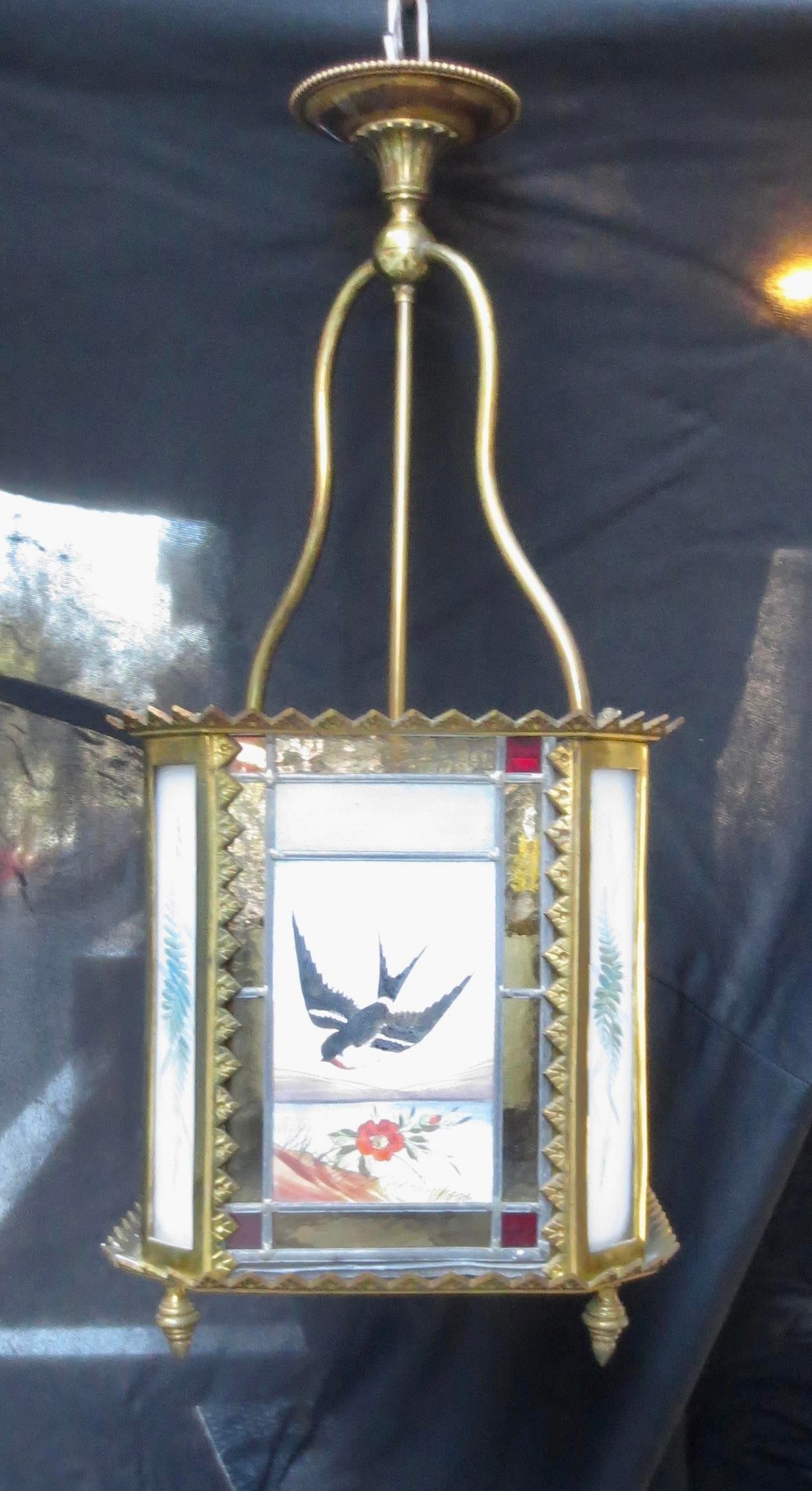 1900s Arts and Crafts Stain Glass Lantern Birds - 2