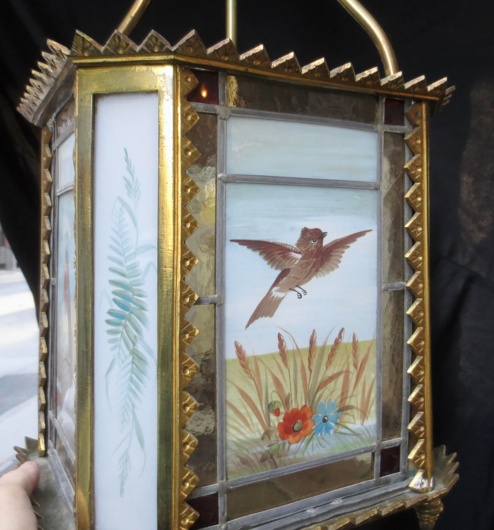 1900s Arts and Crafts Stain Glass Lantern Birds - 3