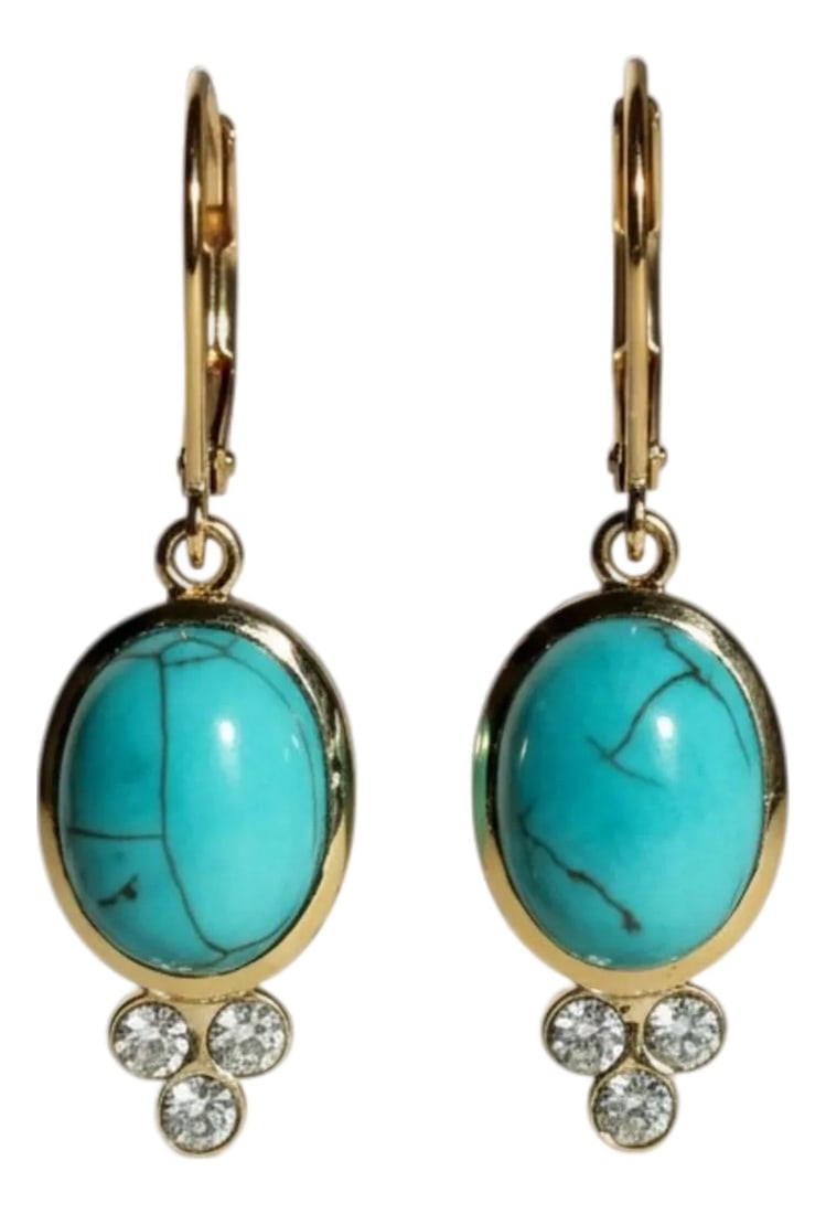 14k Yellow Gold Diamond Lever-Back Drop Earrings With Natural Turquoise, A Pair: Elegant and vibrant, these 14K yellow gold lever-back drop earrings showcase a striking pair of oval natural turquoise gemstones weighing approximately 7.44 carats, accented by six sparkling diamonds 