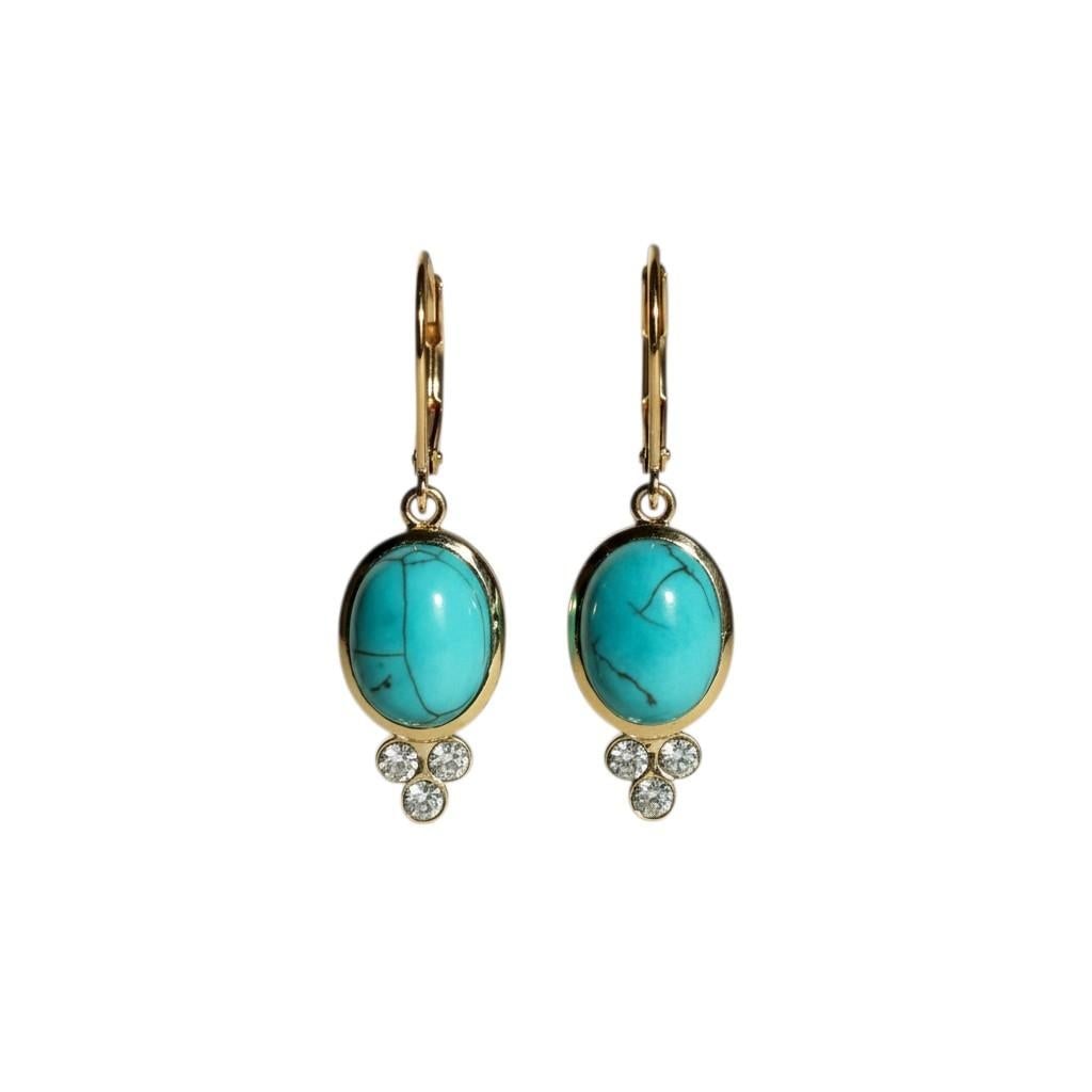 14k Yellow Gold Diamond Lever-Back Drop Earrings With Natural Turquoise, A Pair - 3