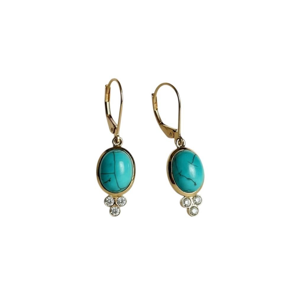 14k Yellow Gold Diamond Lever-Back Drop Earrings With Natural Turquoise, A Pair - 5